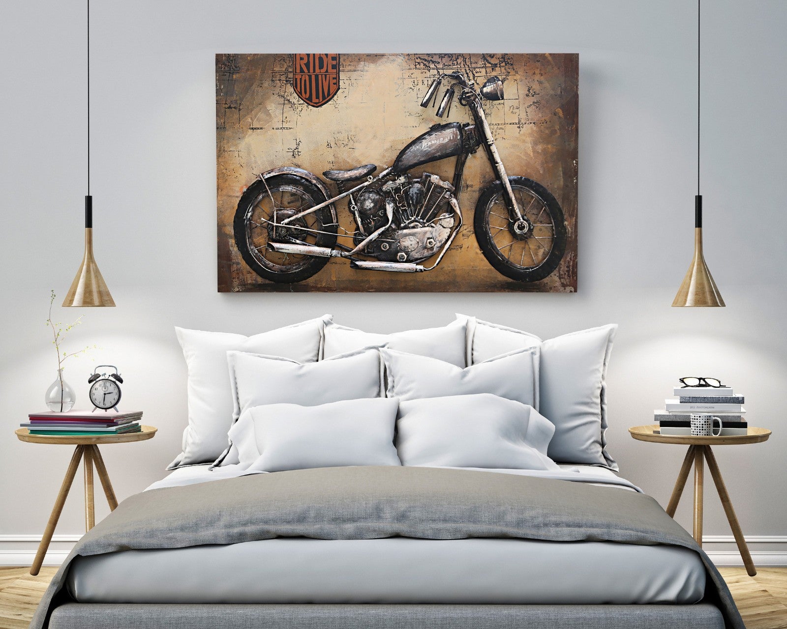 Framed Motorcycle Wall Art Metal Canvas Painting Rustic Landscape Decor Figure