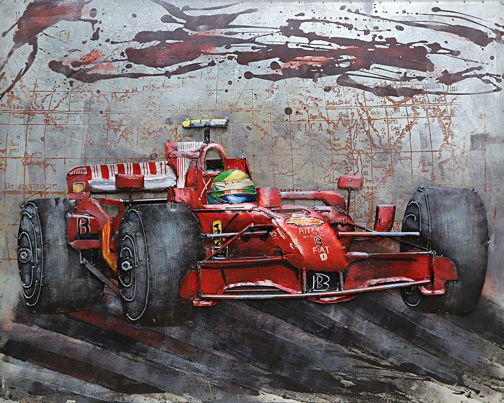RACE CAR RACING PAINTINGS ORIGINAL 3-D ARTWORK METAL ON METAL OLI PAINTING ART