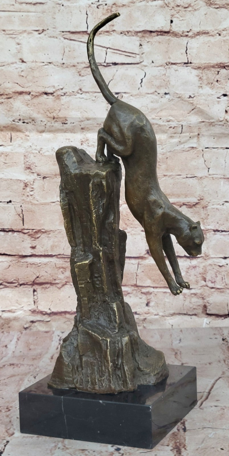 Fierce Panther Jumping Bronze Sculpture Statue Jungle Cat Wildlife Figurine