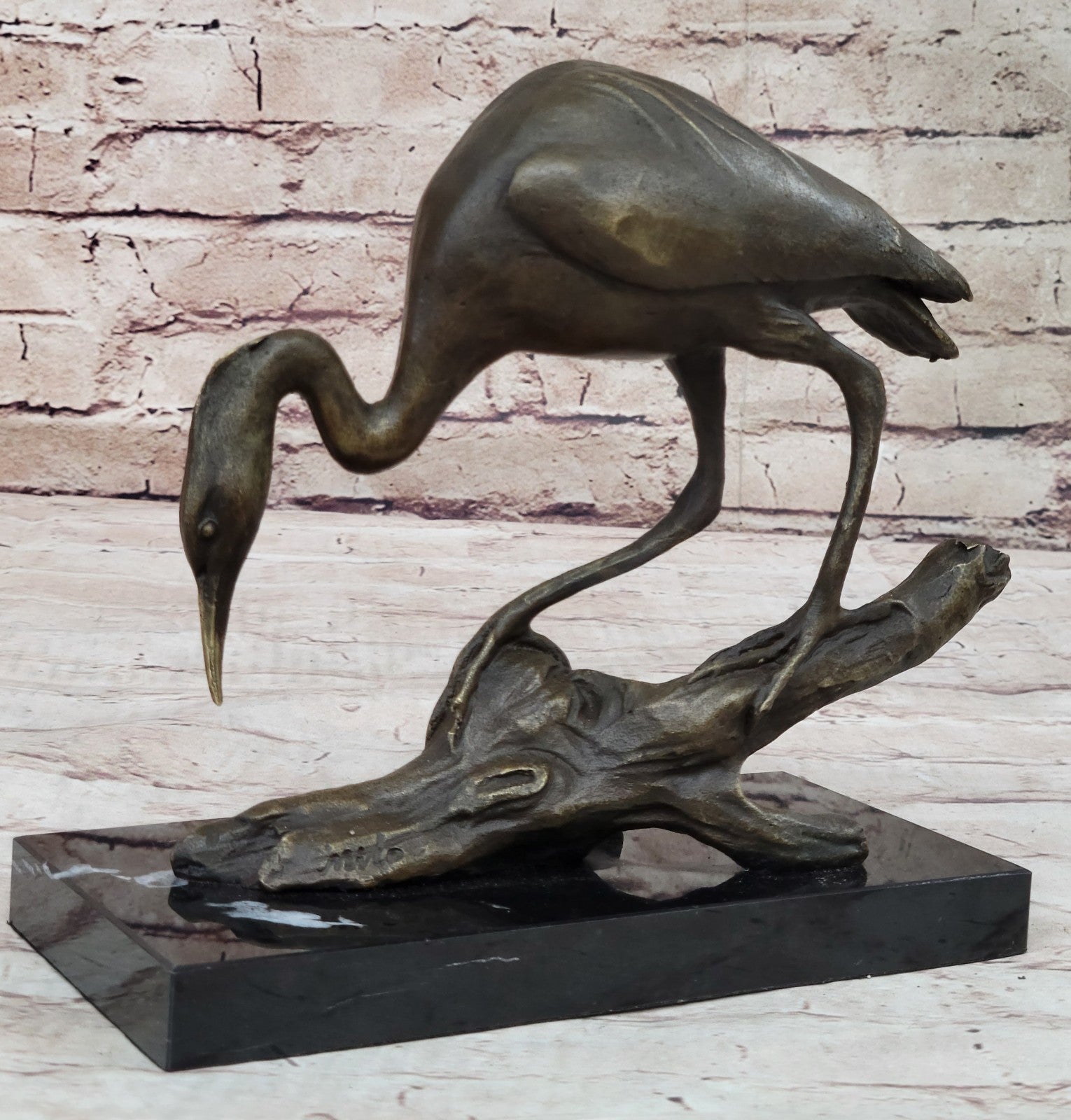 100%  Bronze Statue Egret Crane Coastal Bird Art Signed Milo Fine Art Decor