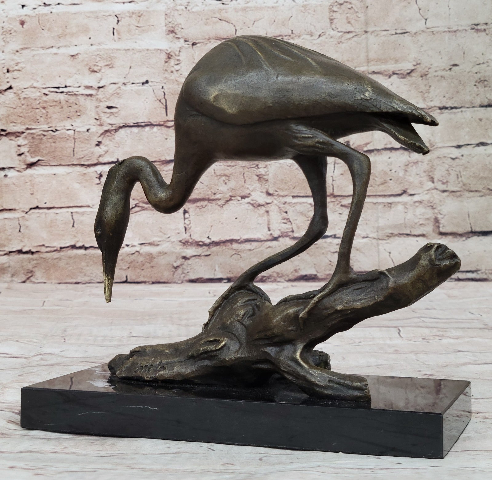 100%  Bronze Statue Egret Crane Coastal Bird Art Signed Milo Fine Art Decor