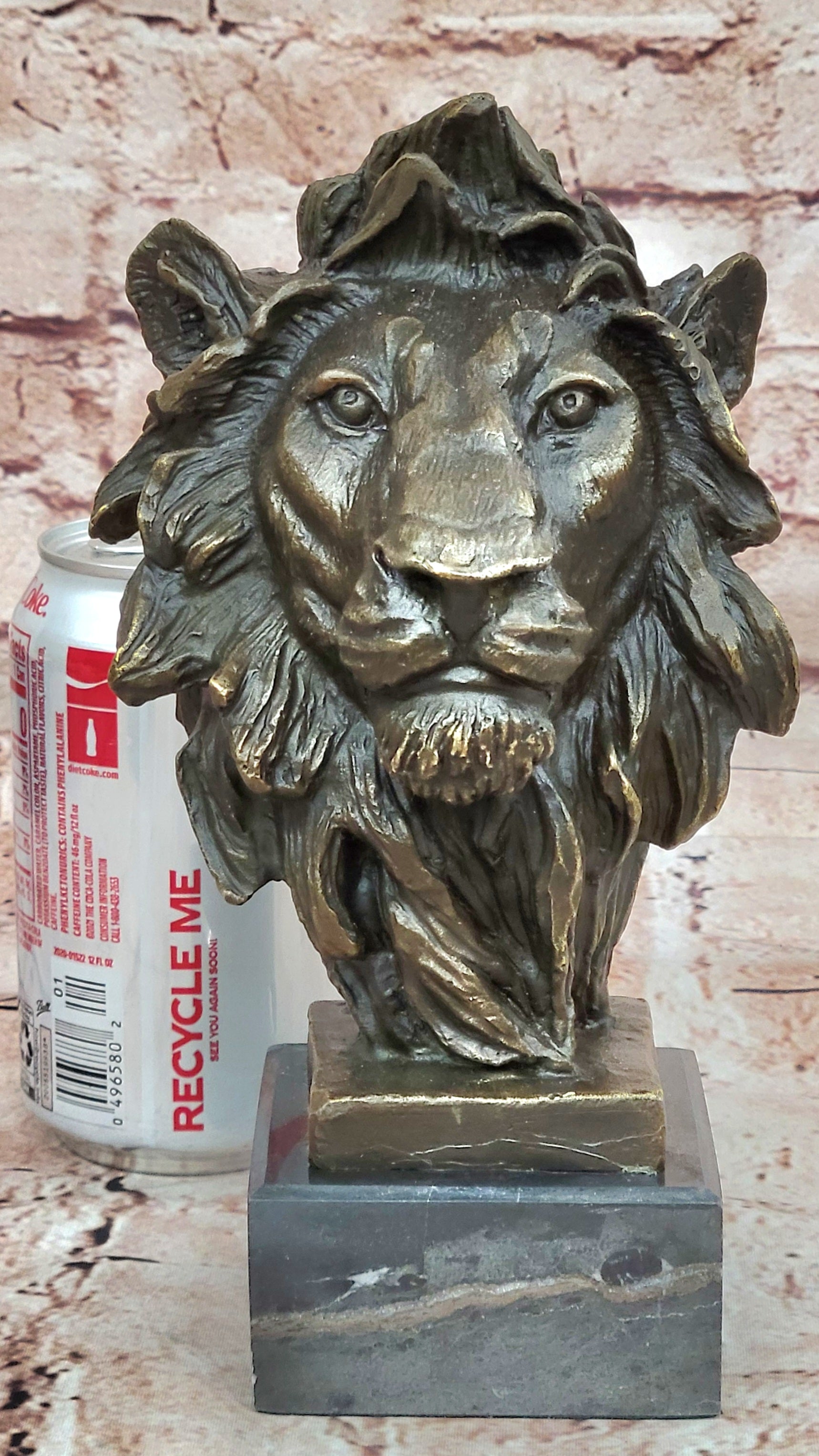 Hot Cast Signed Bronze Royal Lion Statue Sculpture Bust Marble Base Figurine Art