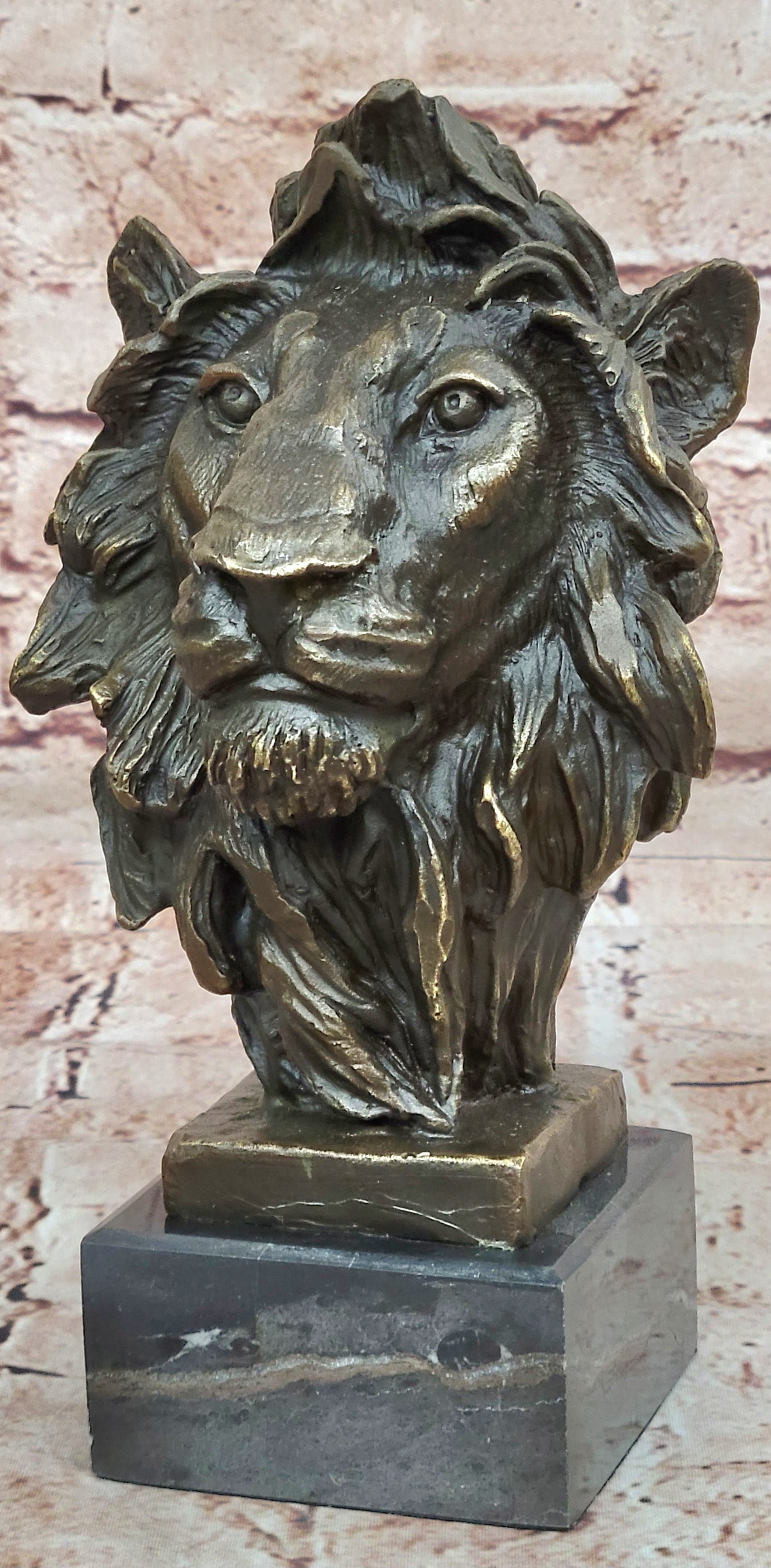 Hot Cast Signed Bronze Royal Lion Statue Sculpture Bust Marble Base Figurine Art
