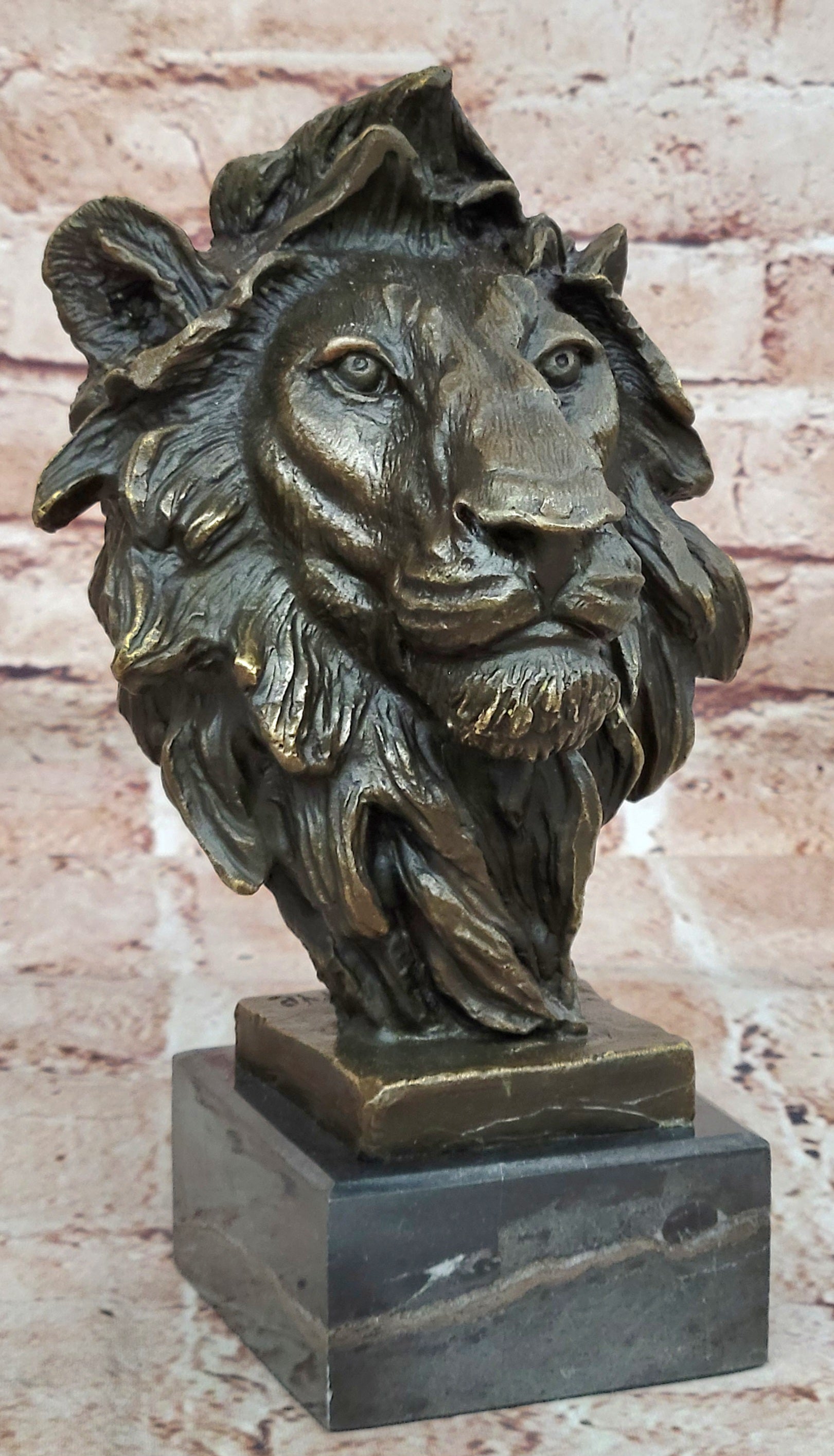Hot Cast Signed Bronze Royal Lion Statue Sculpture Bust Marble Base Figurine Art