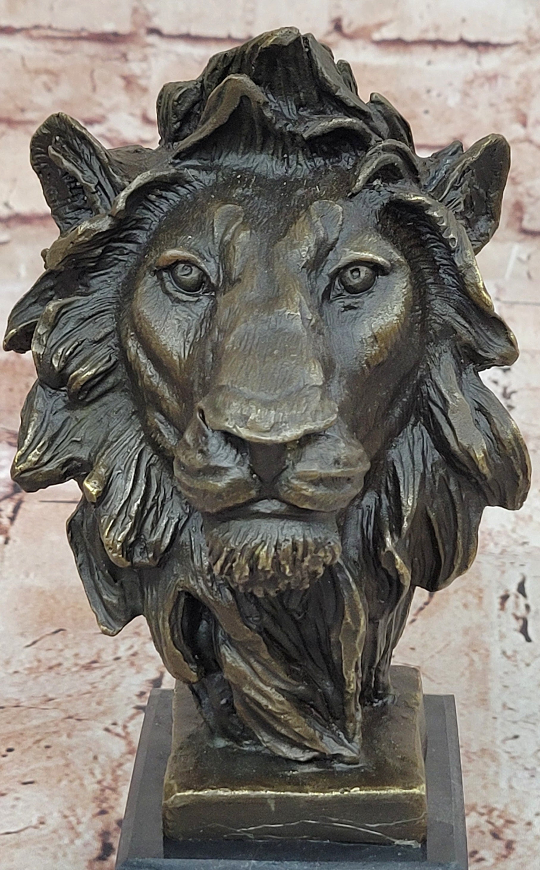 Hot Cast Signed Bronze Royal Lion Statue Sculpture Bust Marble Base Figurine Art