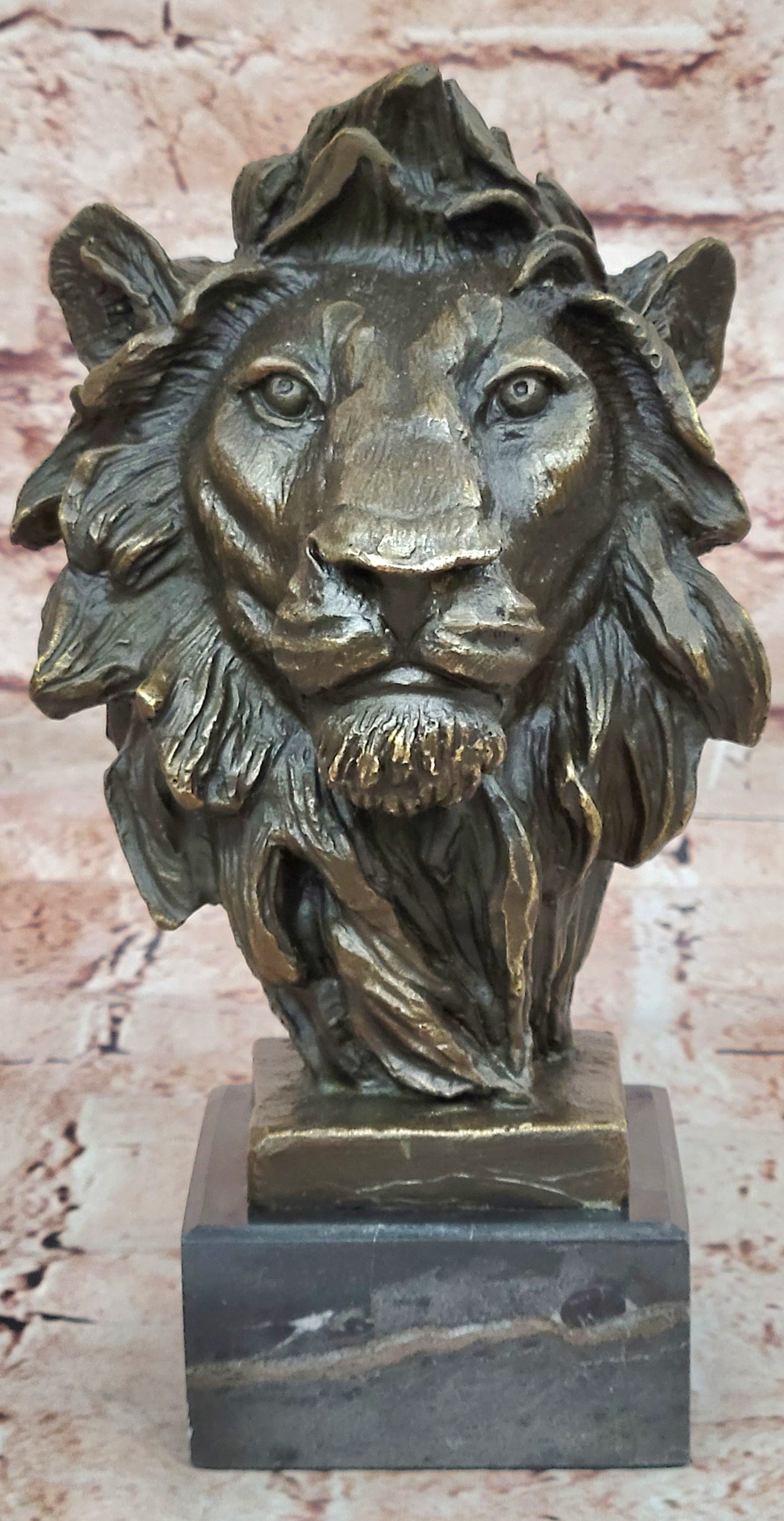 Hot Cast Signed Bronze Royal Lion Statue Sculpture Bust Marble Base Figurine Art