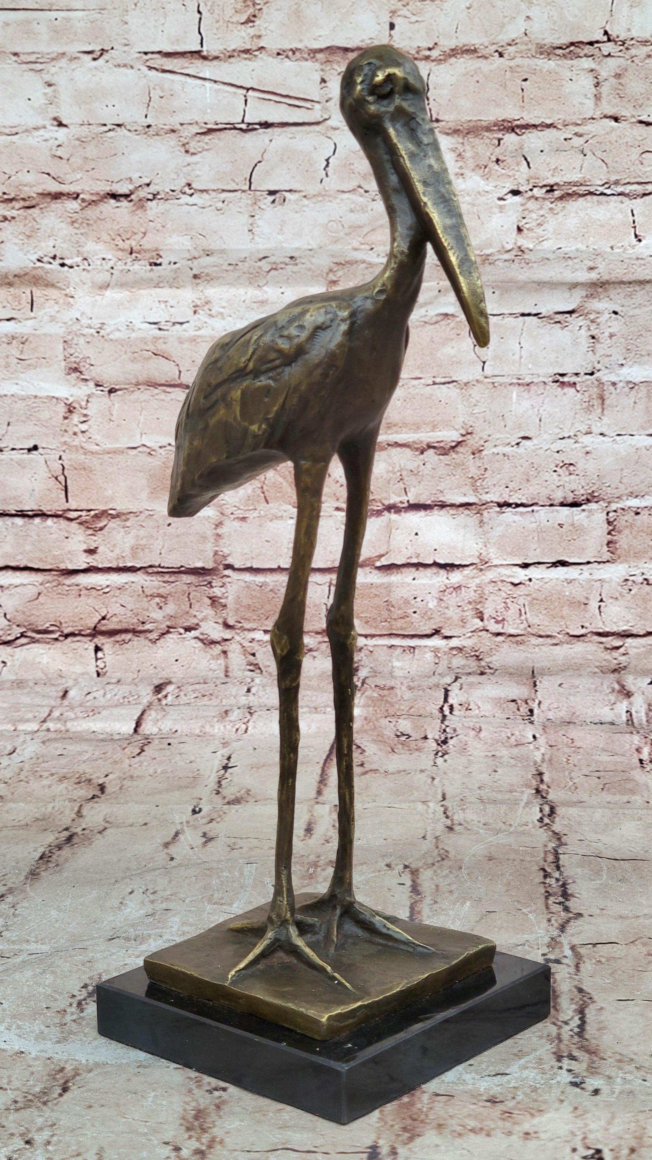 VINTAGE BRONZE OR BRASS CRANE/STORK SCULPTURE--FINELY DETAILED-GREAT PATINA ART