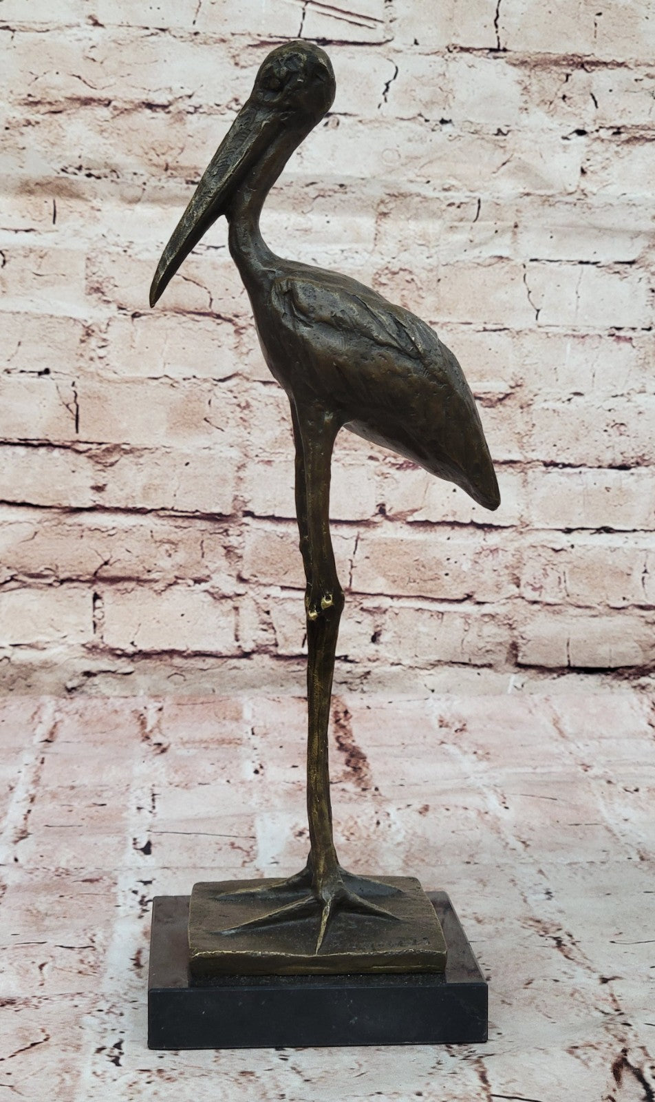 VINTAGE BRONZE OR BRASS CRANE/STORK SCULPTURE--FINELY DETAILED-GREAT PATINA ART