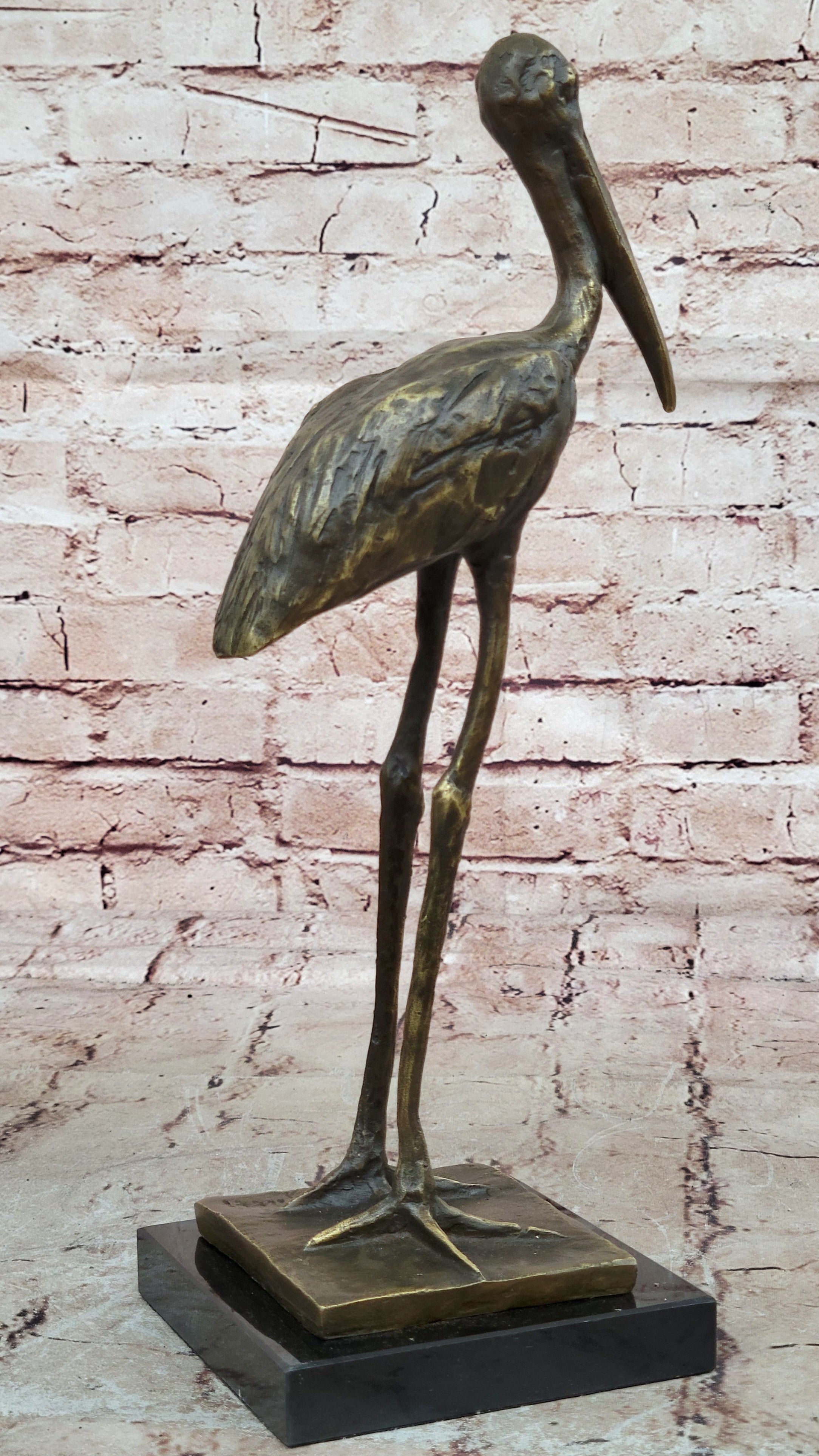 VINTAGE BRONZE OR BRASS CRANE/STORK SCULPTURE--FINELY DETAILED-GREAT PATINA ART