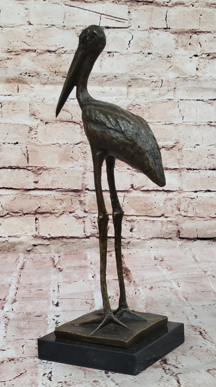 VINTAGE BRONZE OR BRASS CRANE/STORK SCULPTURE--FINELY DETAILED-GREAT PATINA ART