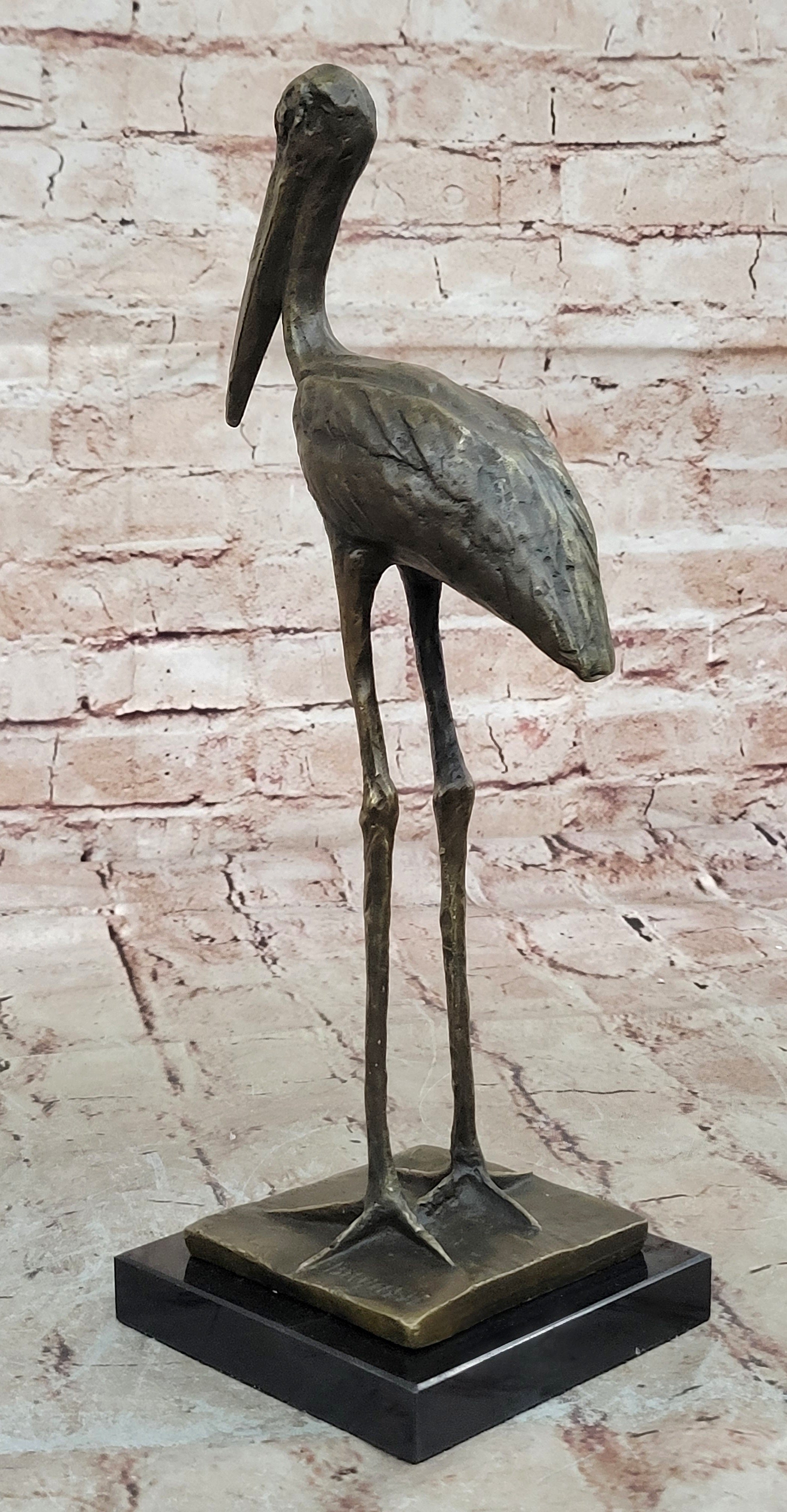 VINTAGE BRONZE OR BRASS CRANE/STORK SCULPTURE--FINELY DETAILED-GREAT PATINA ART