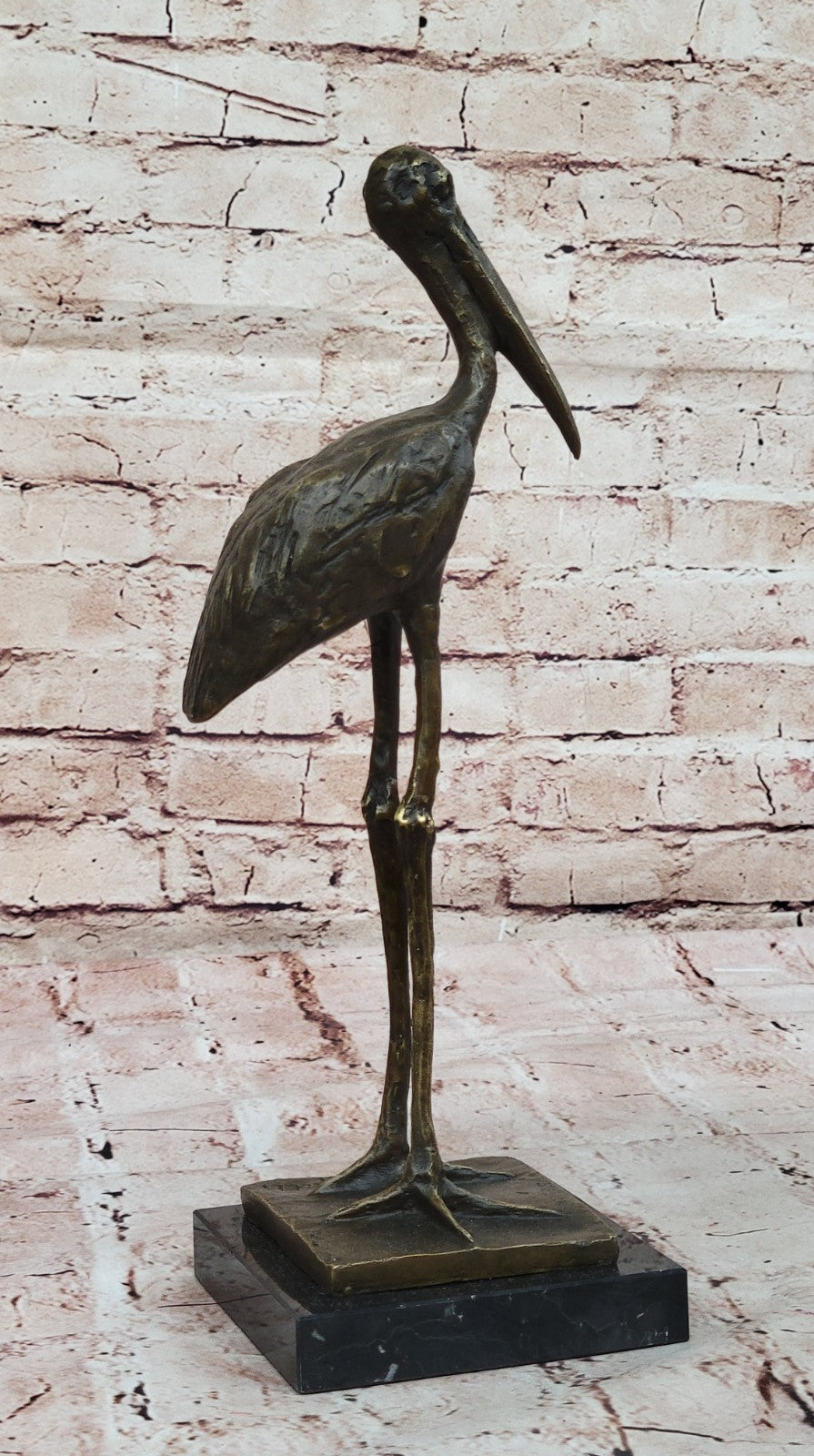 VINTAGE BRONZE OR BRASS CRANE/STORK SCULPTURE--FINELY DETAILED-GREAT PATINA ART