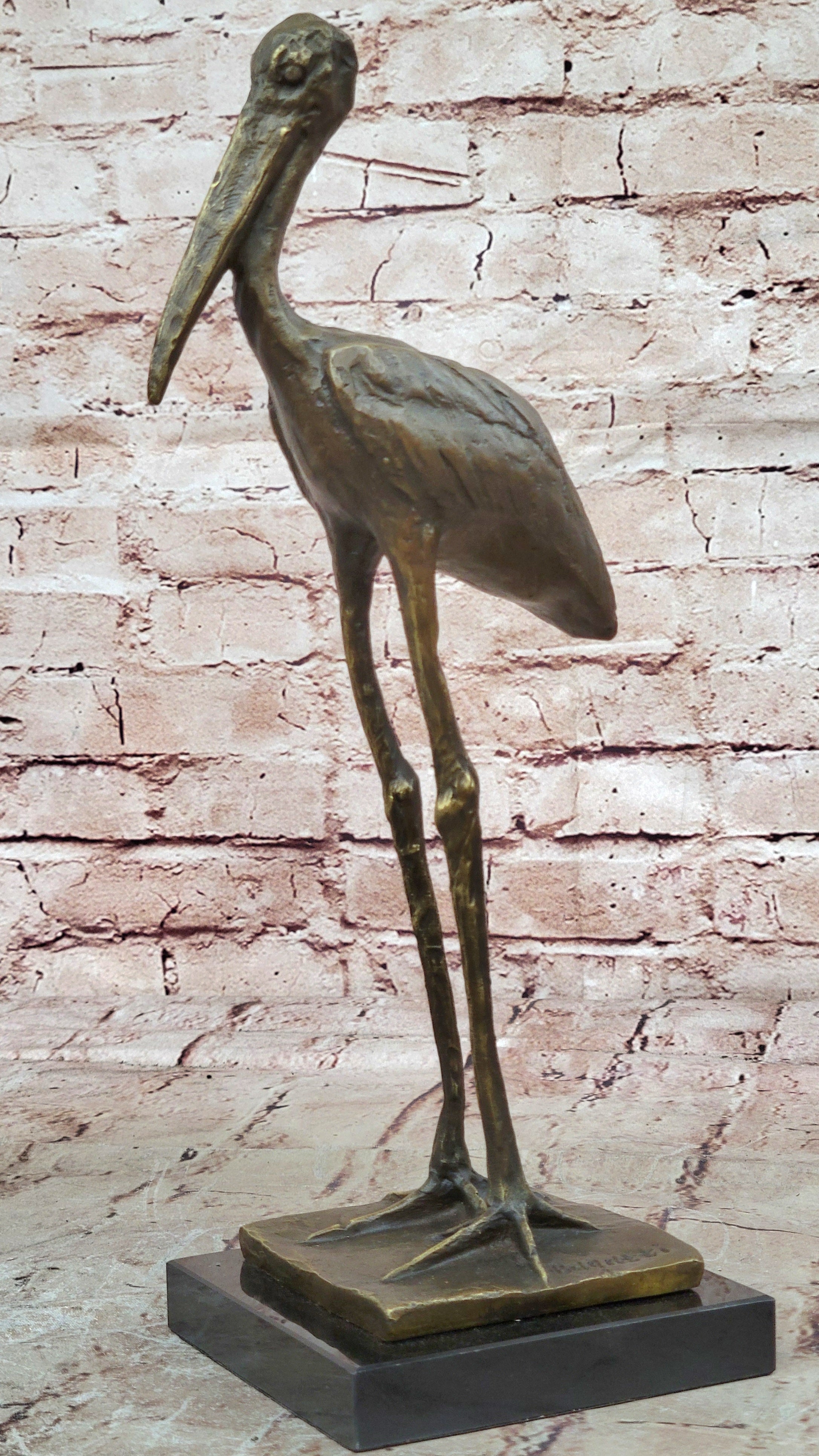 VINTAGE BRONZE OR BRASS CRANE/STORK SCULPTURE--FINELY DETAILED-GREAT PATINA ART
