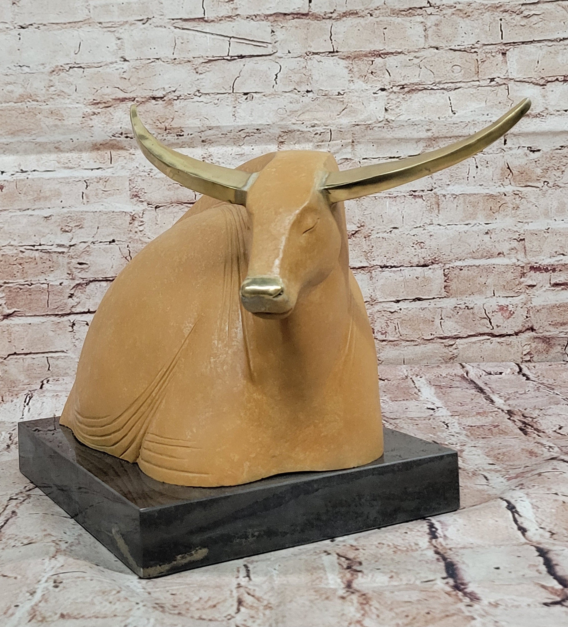 Signed T. Baker Bull Figurine – Abstract Bronze Art Statue for Home Decor