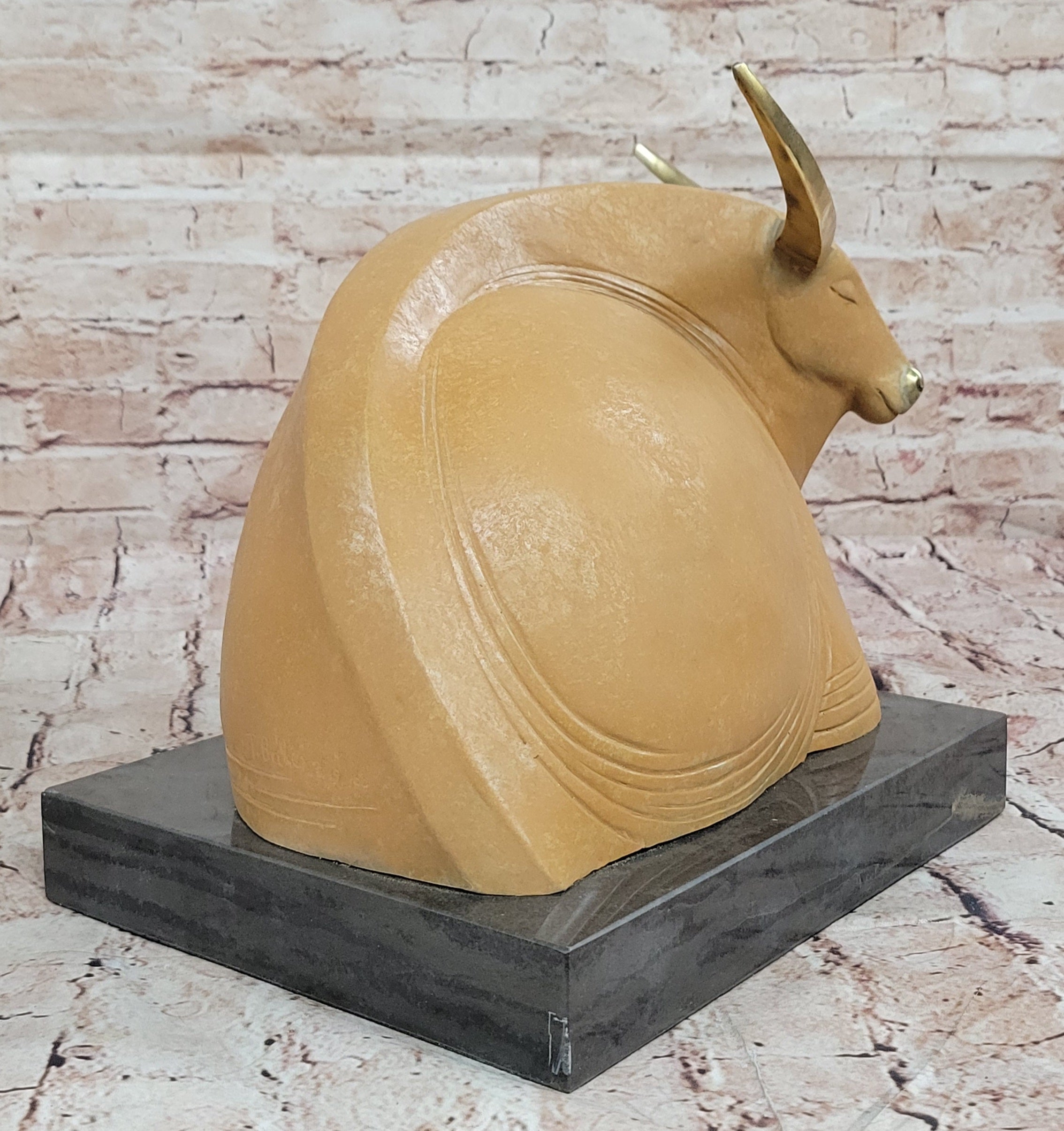 Signed T. Baker Bull Figurine – Abstract Bronze Art Statue for Home Decor