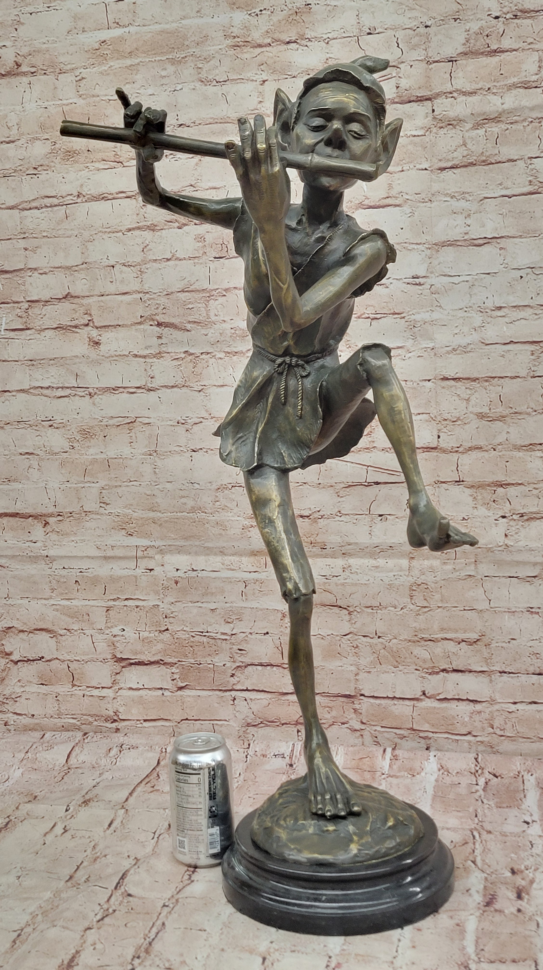 Signed Bronze Sculpture Statue of Flute-Playing Leprechaun Home Office Figurine