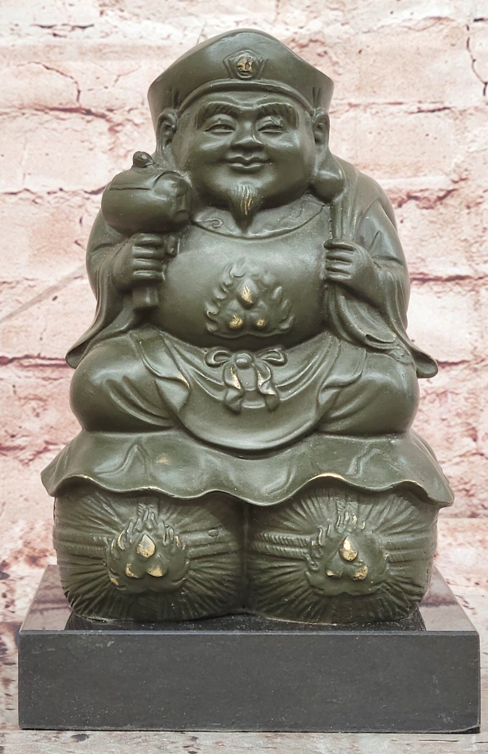 Signed Bronze Laughing Buddha Figurine Maitreya Sculpture Good Fortune Art