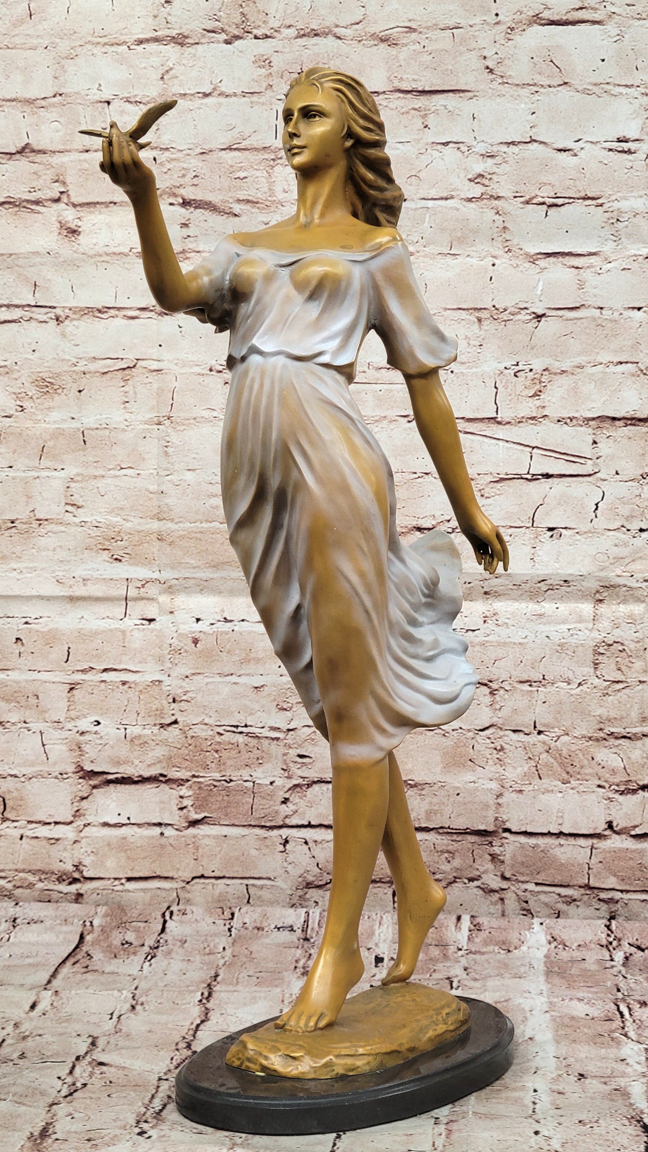 Erotic Bronze Sculpture of Woman with Bird – Handmade Collectible Statue for Art Lovers