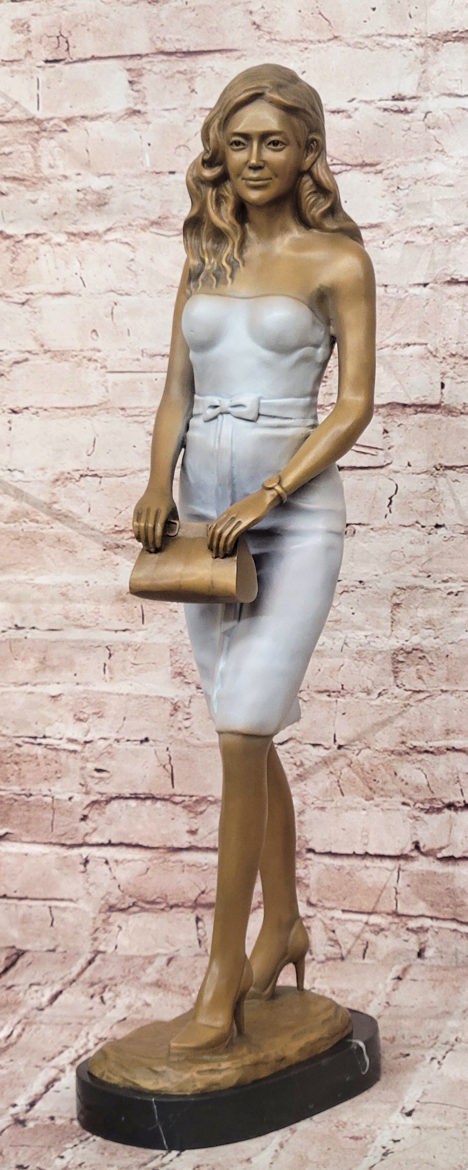 Bronze Sophisticated Lady Sculpture with Handbag Elegant Female Statue Art