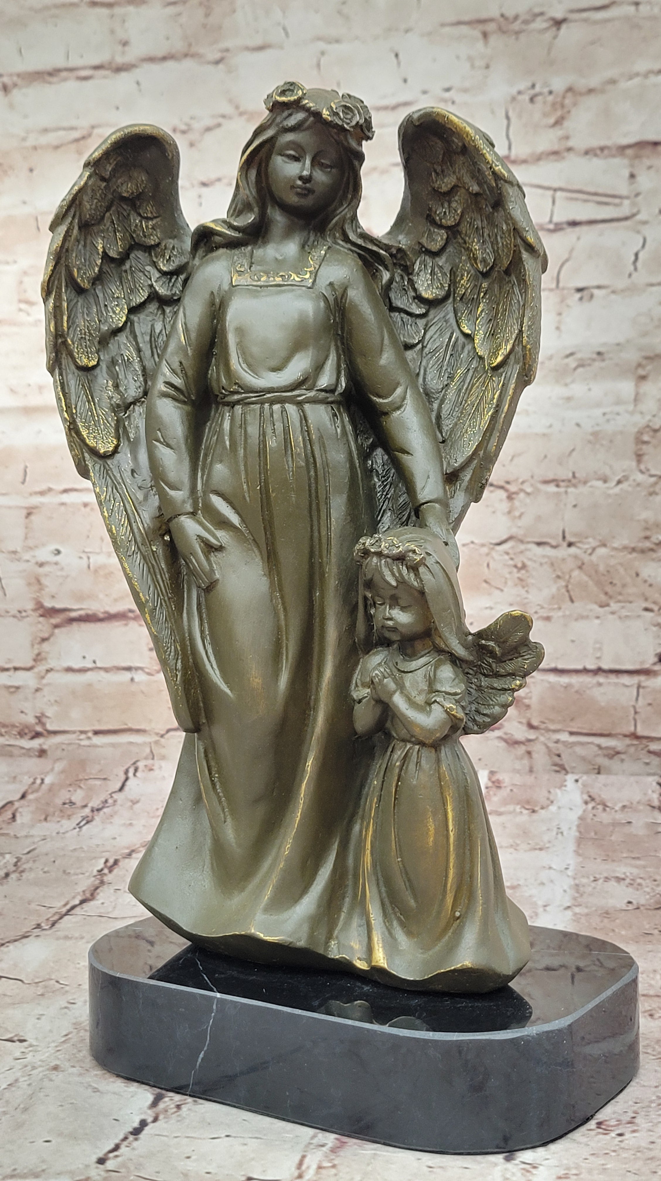 Bronze Angel with Child Sculpture by Moreau Messenger of God Spiritual Figurine