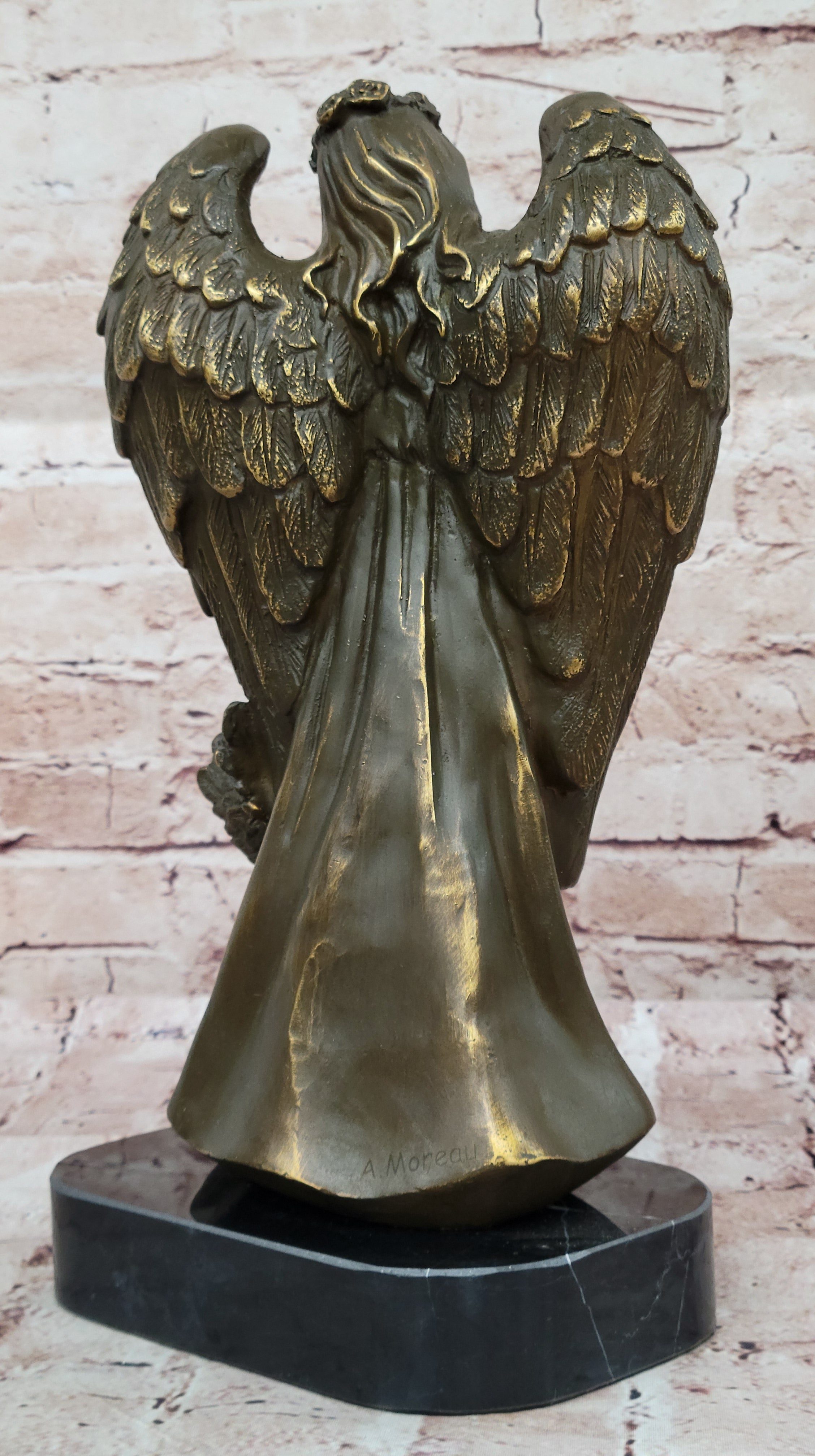 Bronze Angel with Child Sculpture by Moreau Messenger of God Spiritual Figurine
