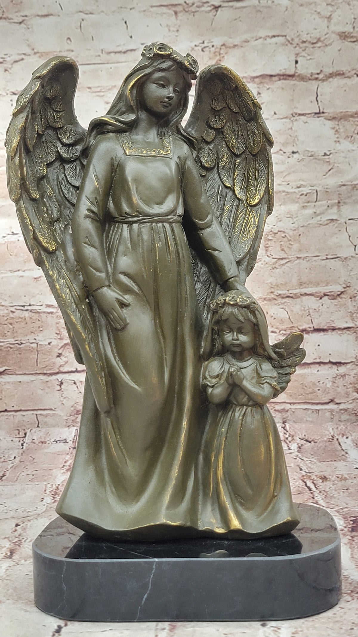 Bronze Angel with Child Sculpture by Moreau Messenger of God Spiritual Figurine