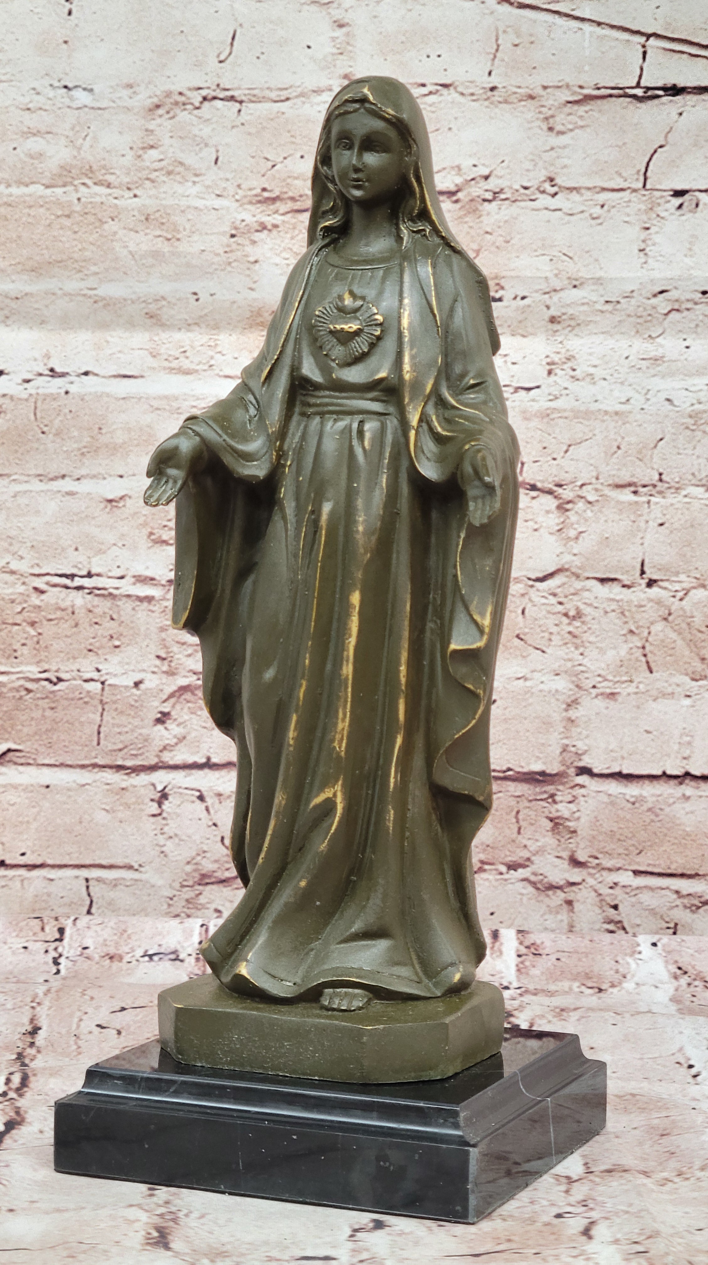 Bronze Blessed Virgin Mary Sculpture Statue Signed Valli Christian Figurine Hand Cast Art