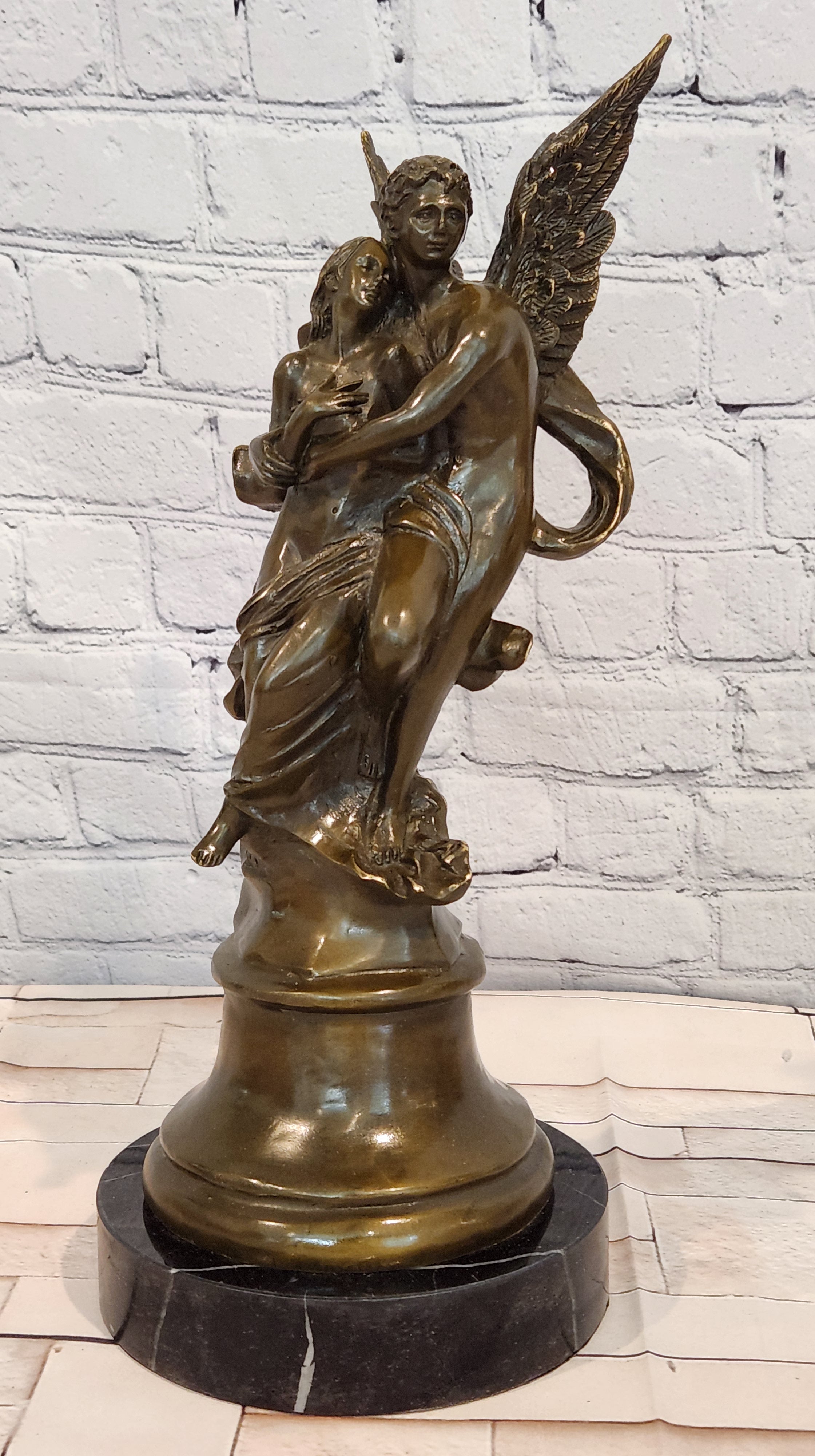 Bronze Romantic Lovers Figurine Cupid Psyche Mythology Sculpture Fine Art Statue