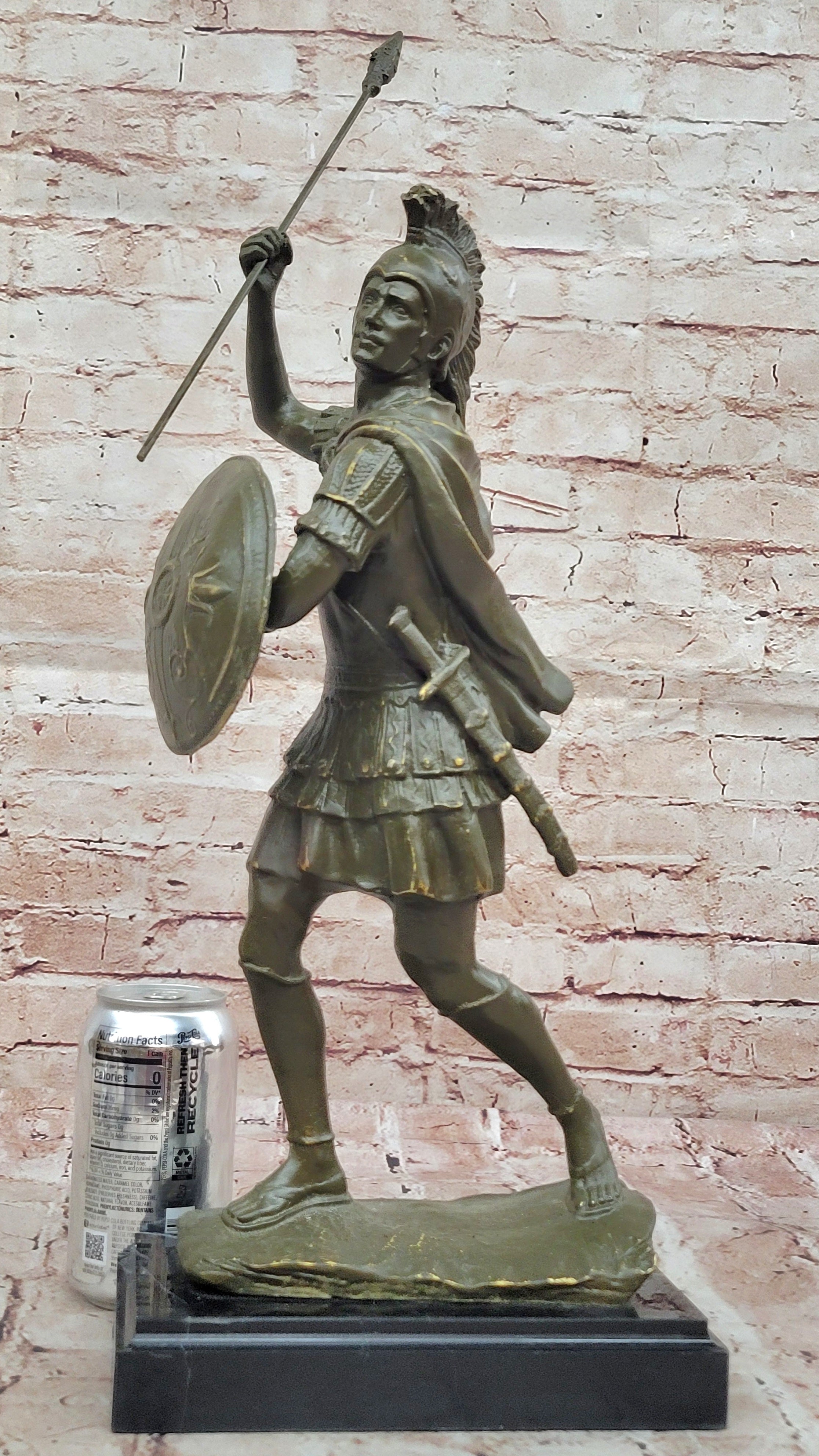 Decorative Bronze Roman Soldier Statue Sculpture with Shield Historic Warrior Artwork Decor
