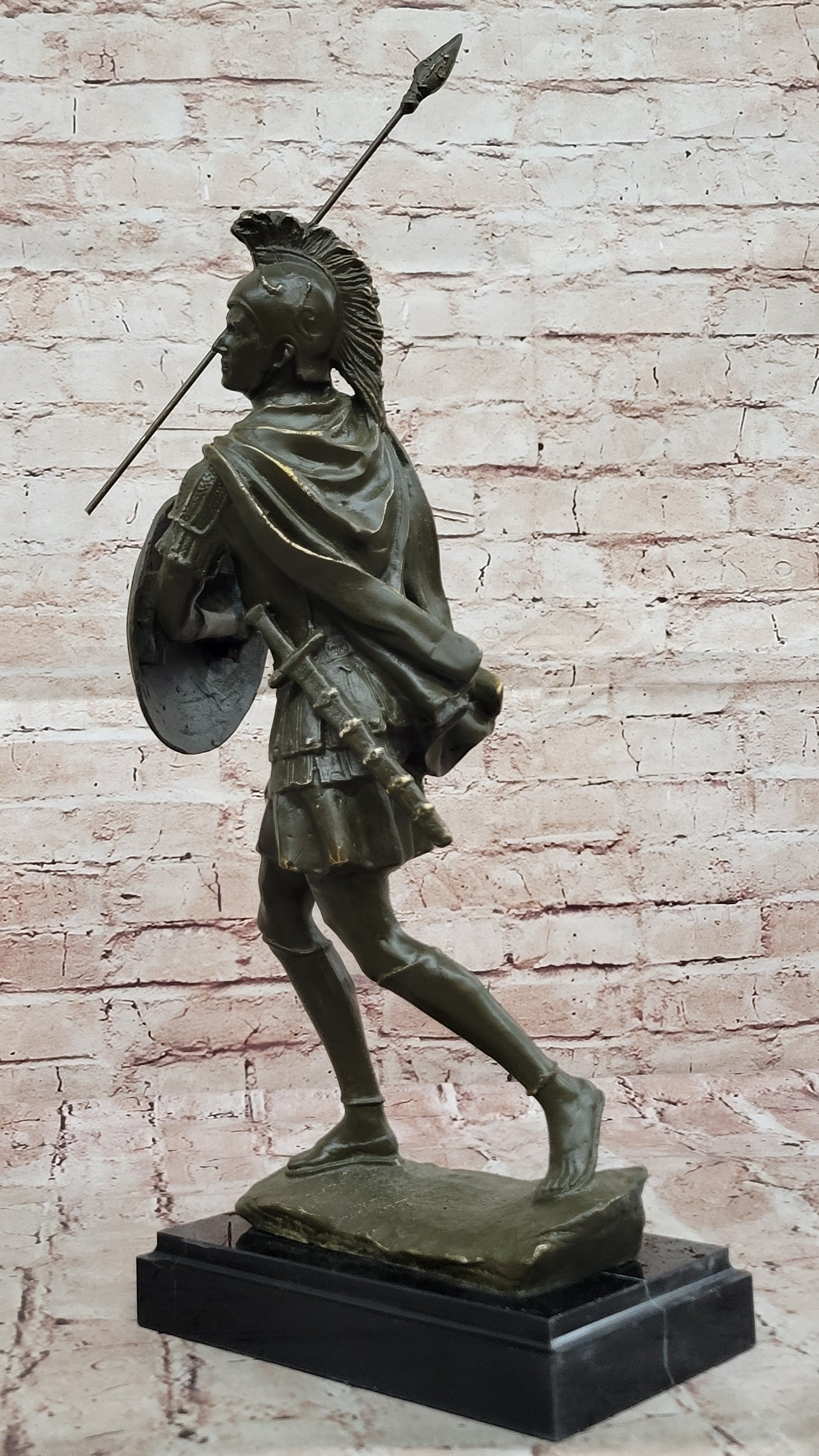 Decorative Bronze Roman Soldier Statue Sculpture with Shield Historic Warrior Artwork Decor