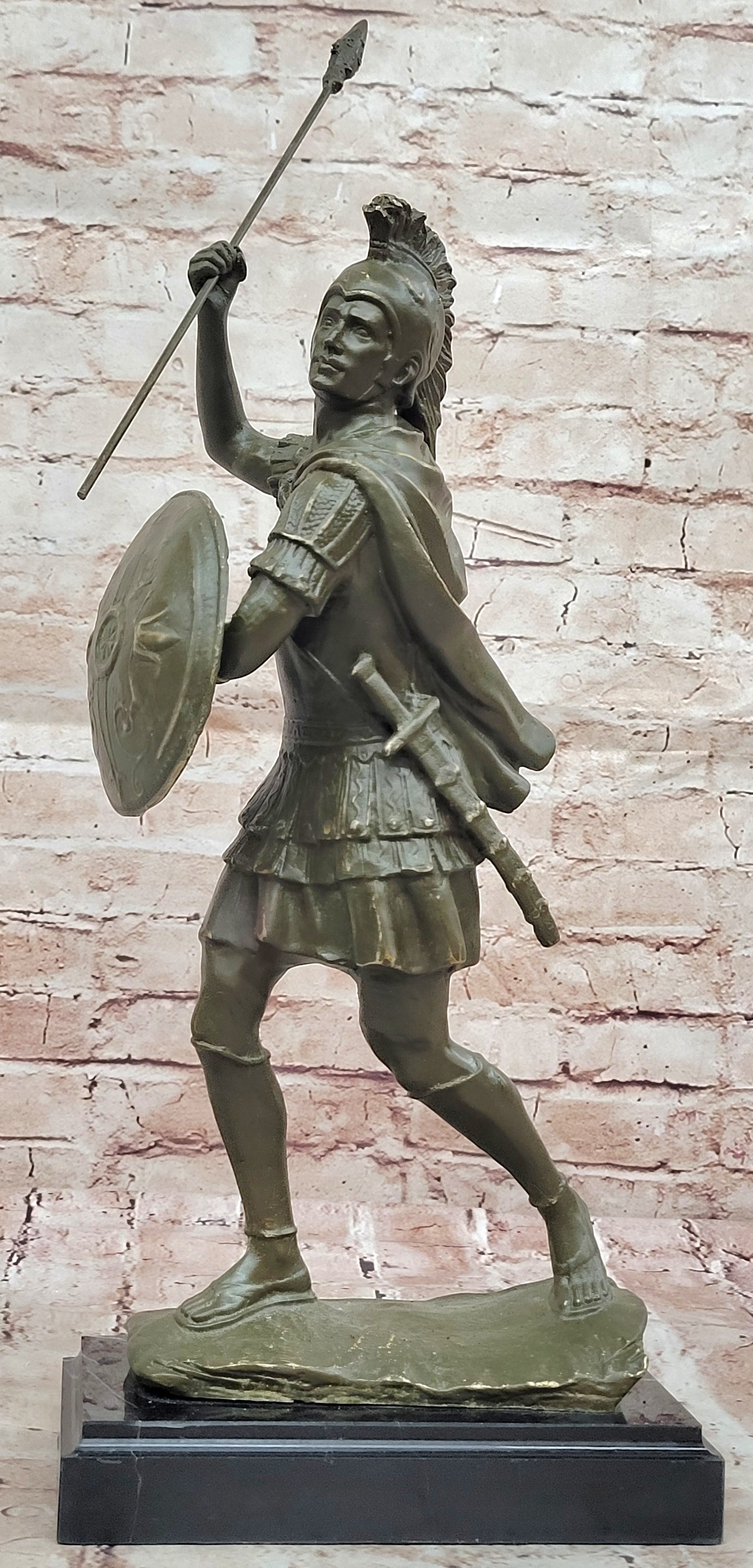 Decorative Bronze Roman Soldier Statue Sculpture with Shield Historic Warrior Artwork Decor