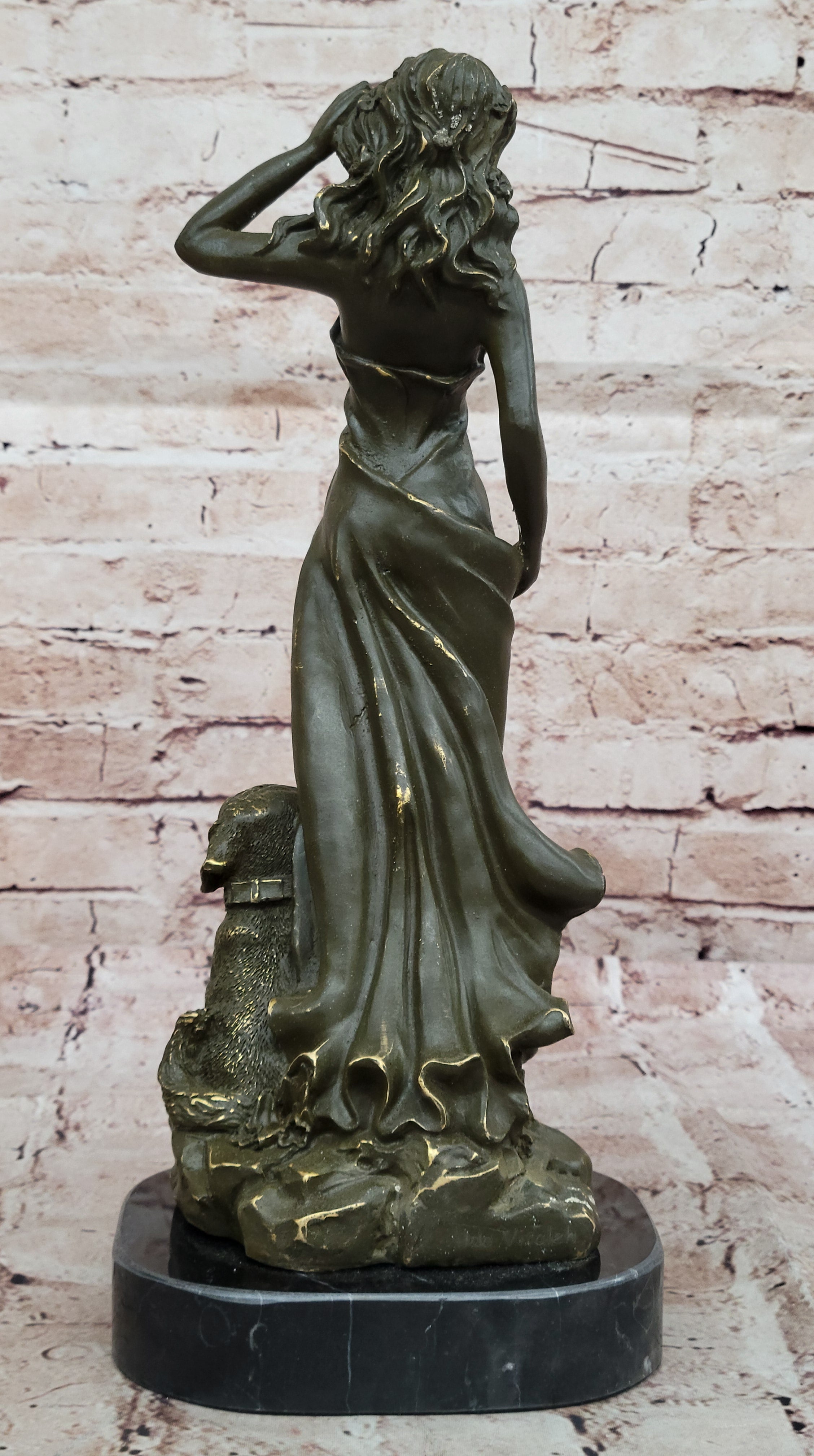 Aldo Vitaleh Bronze Lady with Dog Statue Romantic Goddess Sculpture Figurine Artwork