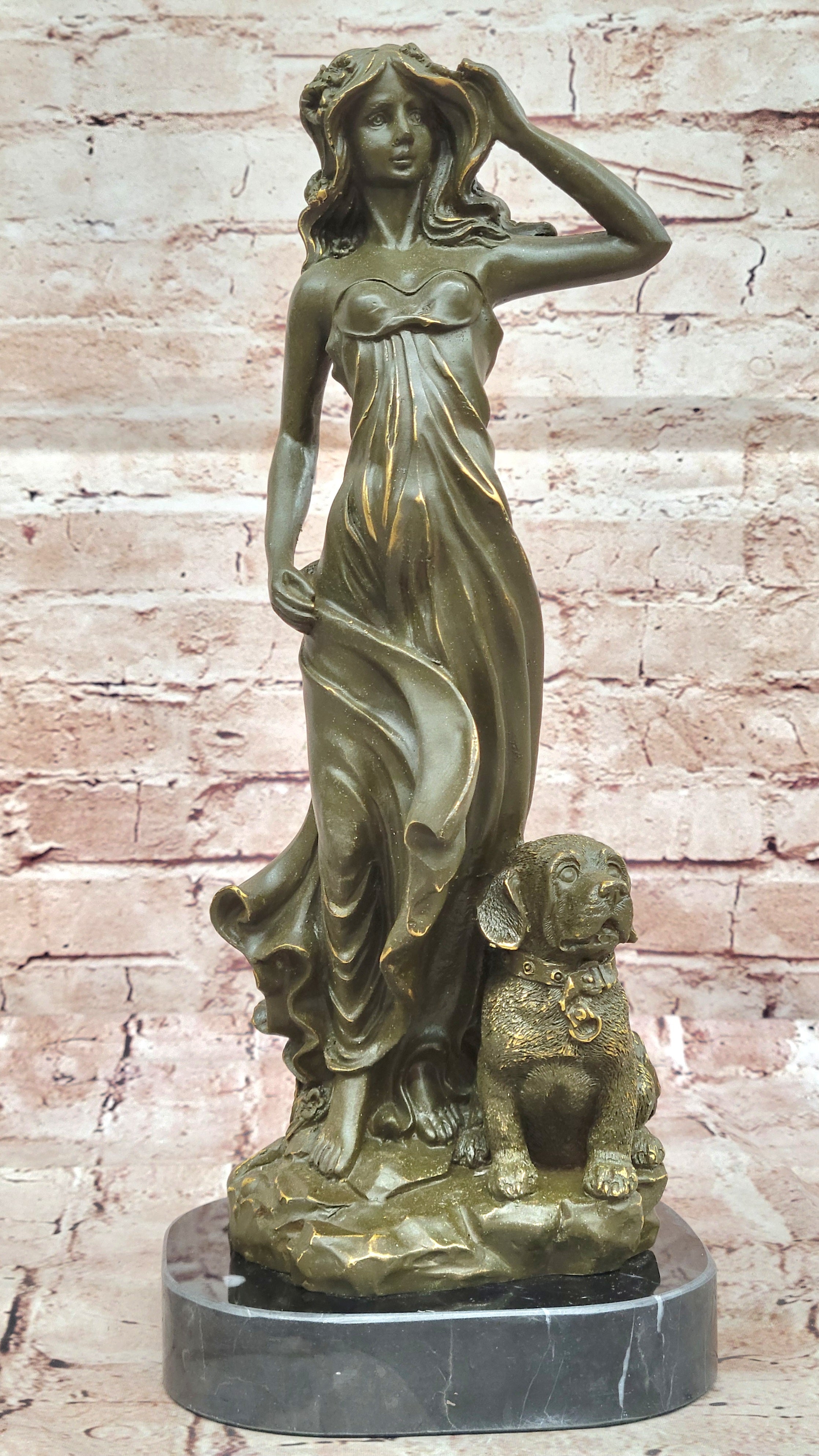Aldo Vitaleh Bronze Lady with Dog Statue Romantic Goddess Sculpture Figurine Artwork