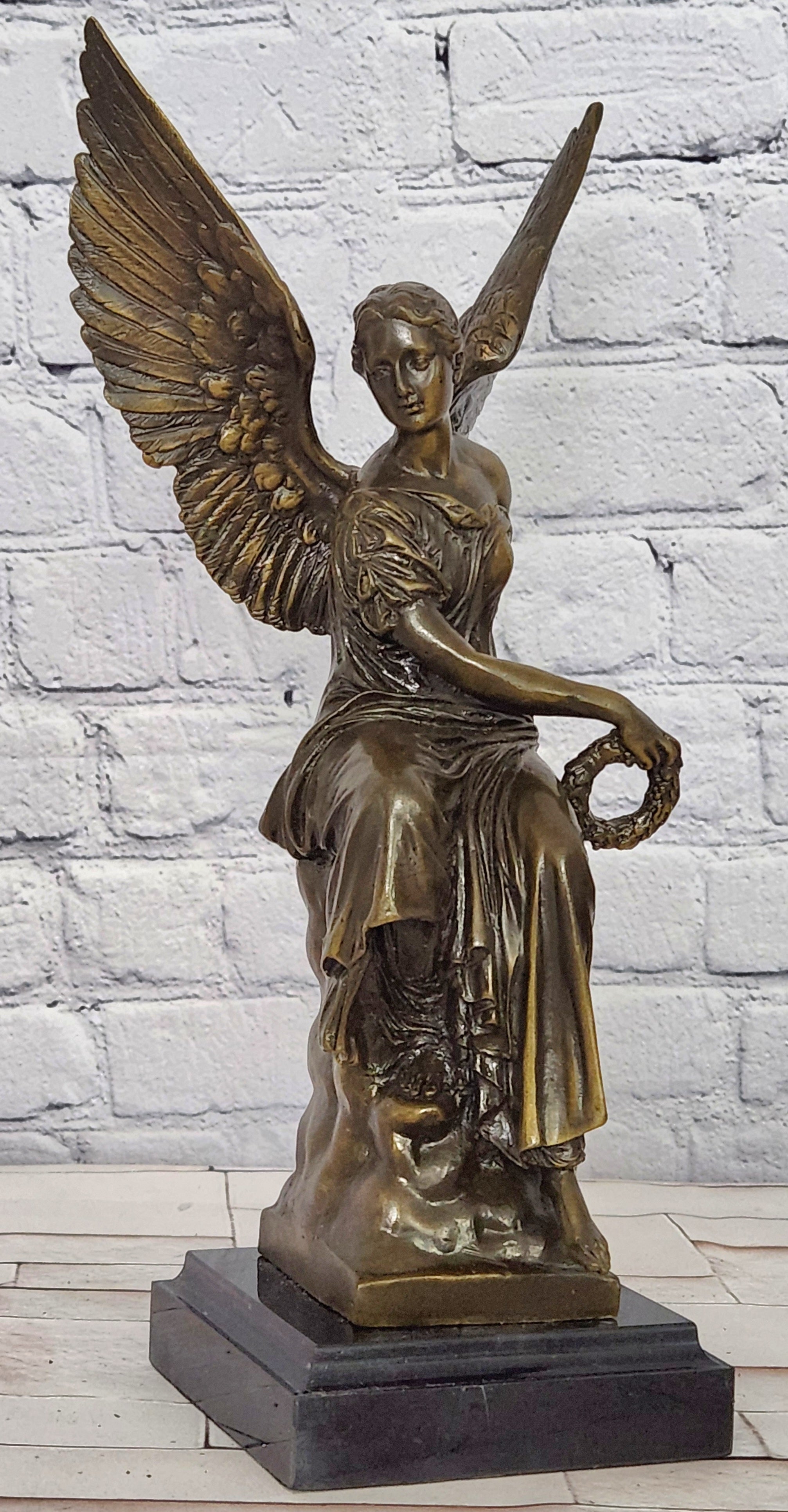 Bronze Nike Victory Angel Sculpture Signed Hudon Mythical Winged Figurine