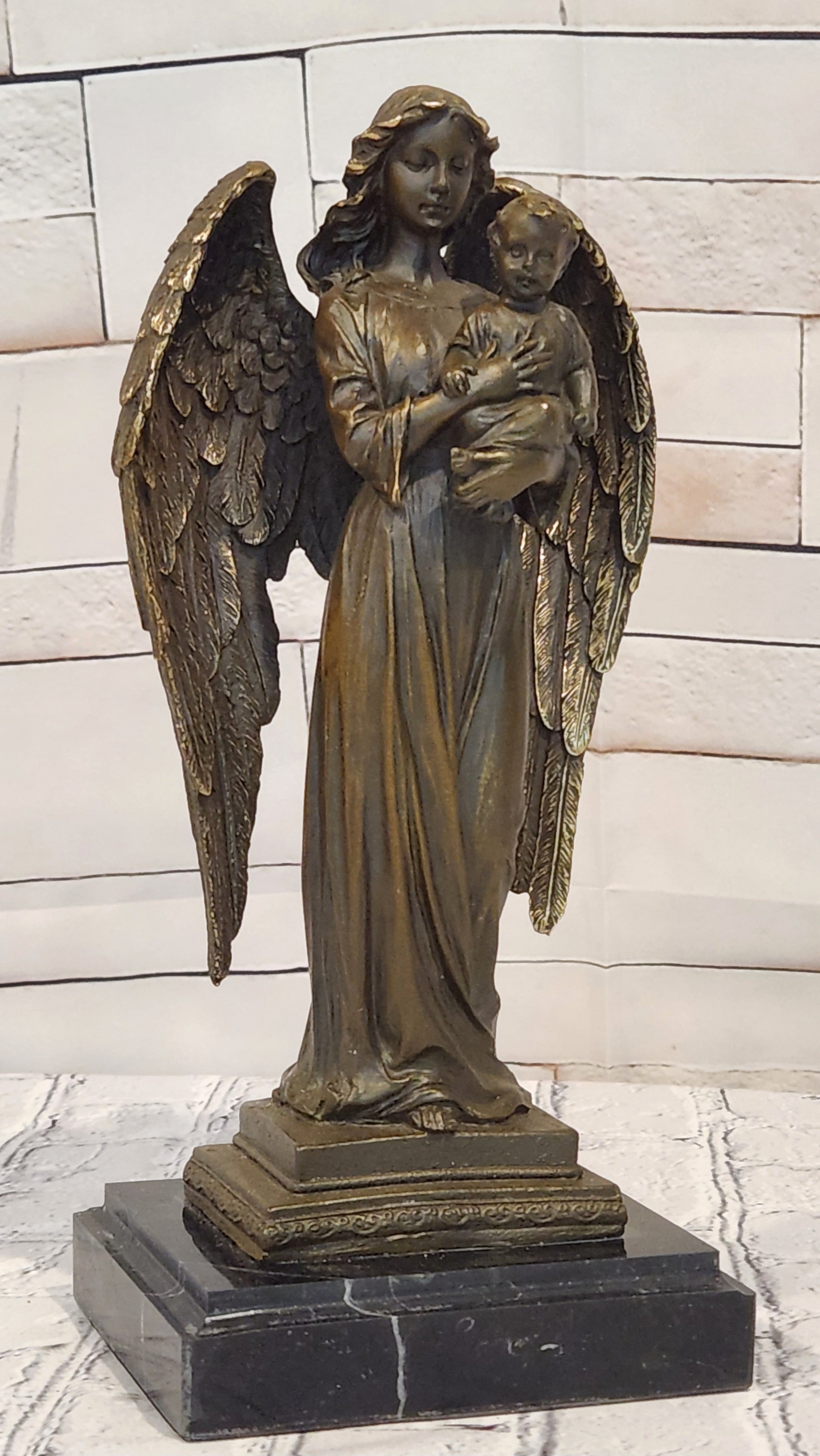 Bronze Celestial Angel Holding Child Sculpture A. Moreau Religious Decor Collectible Art