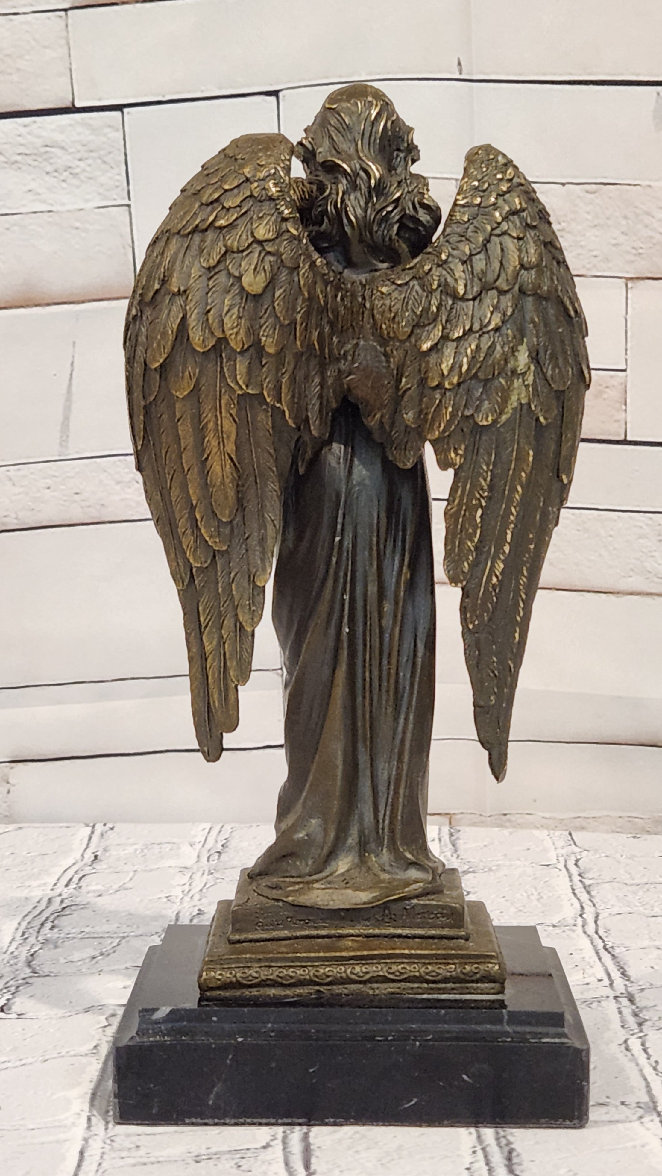 Bronze Celestial Angel Holding Child Sculpture A. Moreau Religious Decor Collectible Art