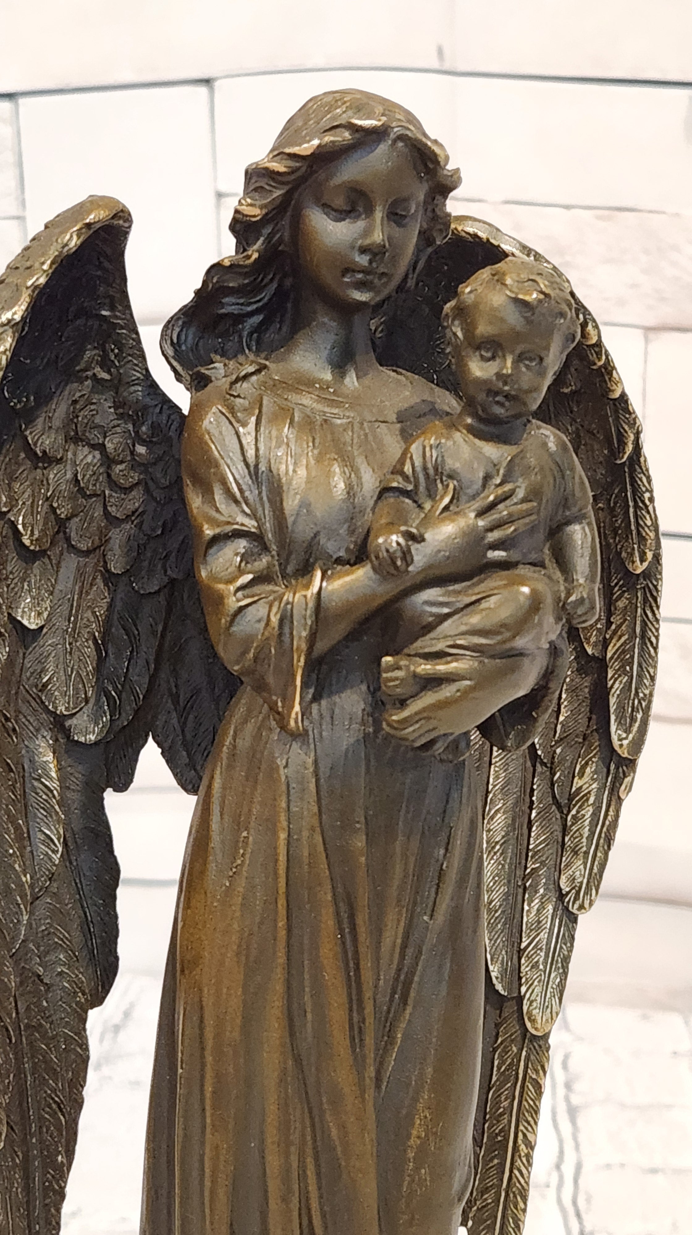 Bronze Celestial Angel Holding Child Sculpture A. Moreau Religious Decor Collectible Art