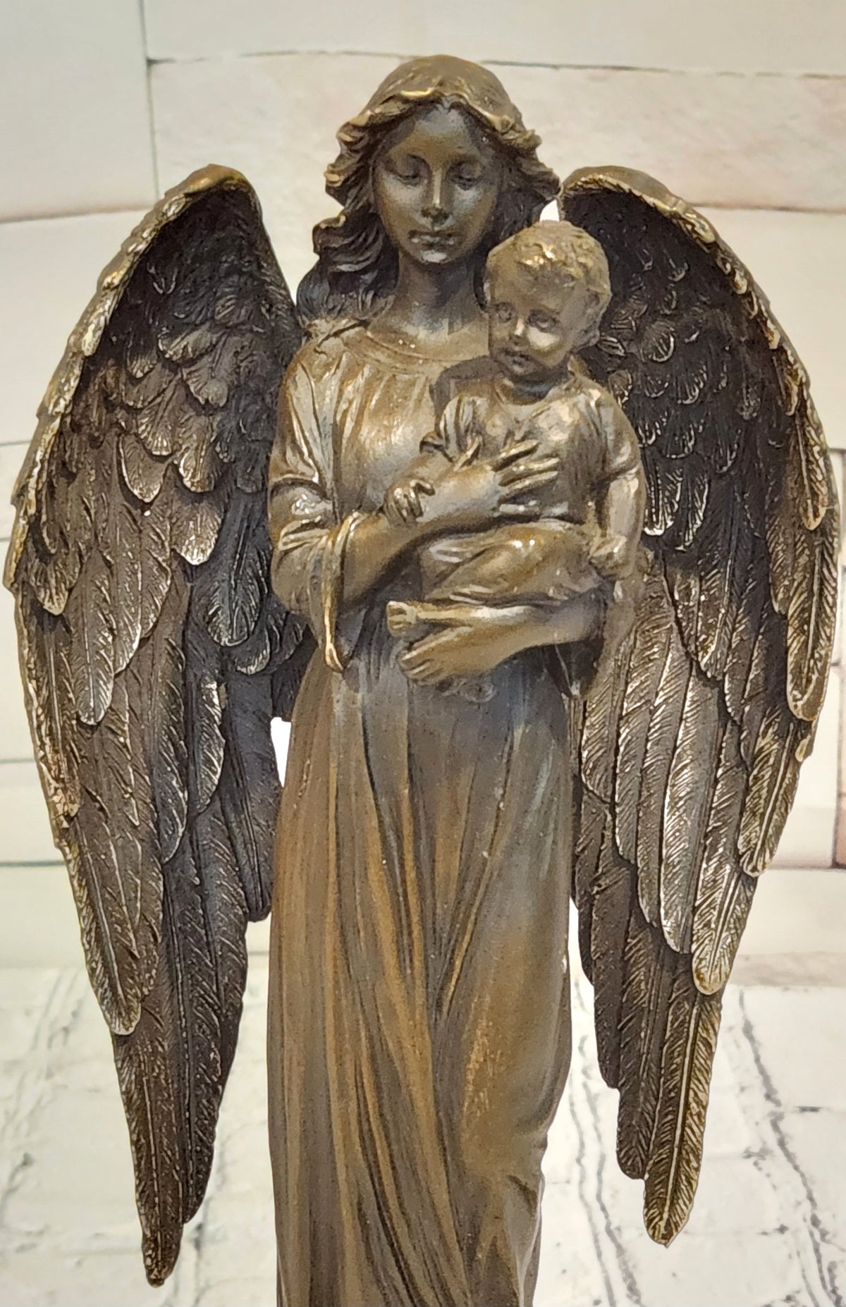 Bronze Celestial Angel Holding Child Sculpture A. Moreau Religious Decor Collectible Art