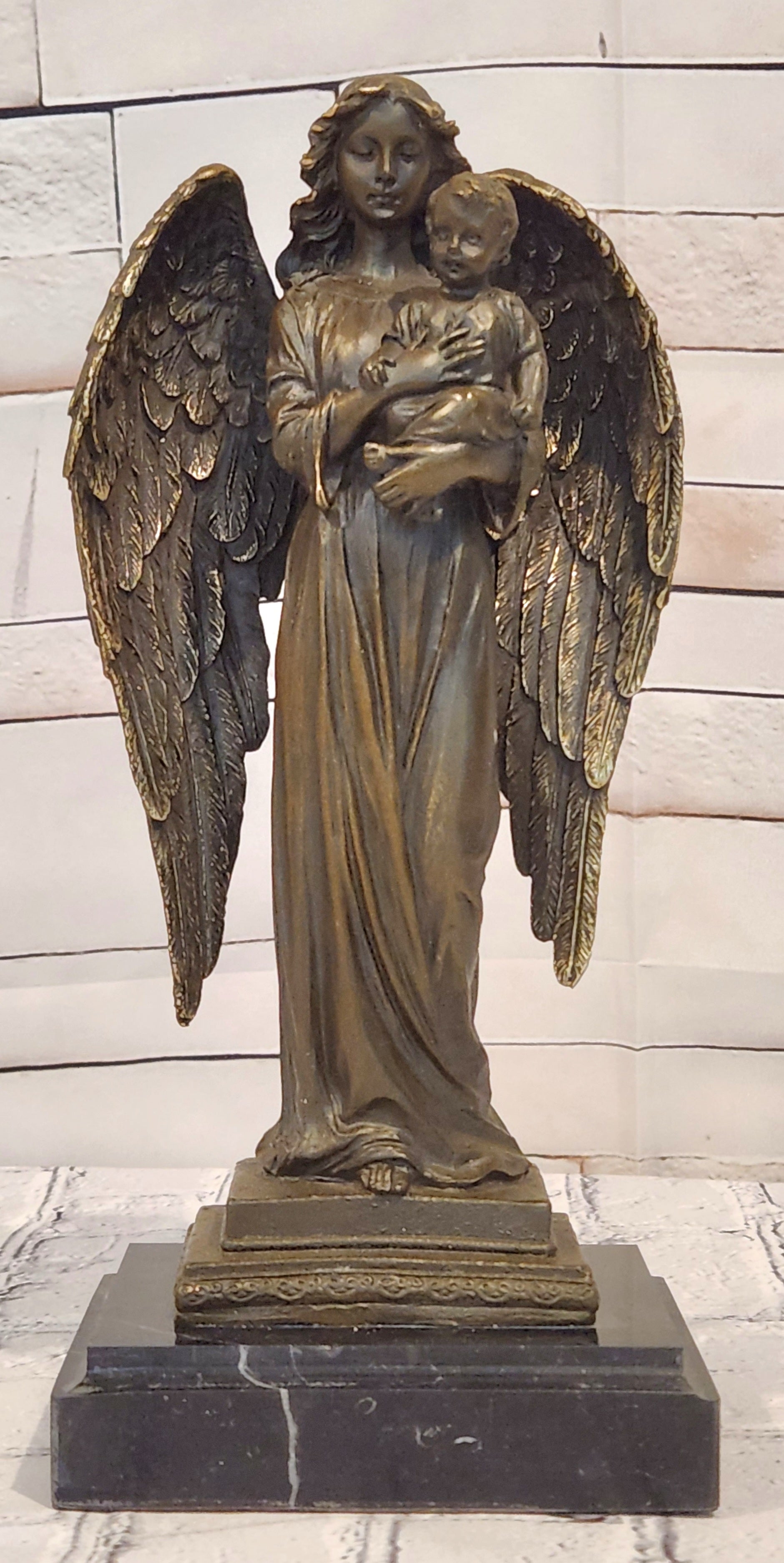 Bronze Celestial Angel Holding Child Sculpture A. Moreau Religious Decor Collectible Art