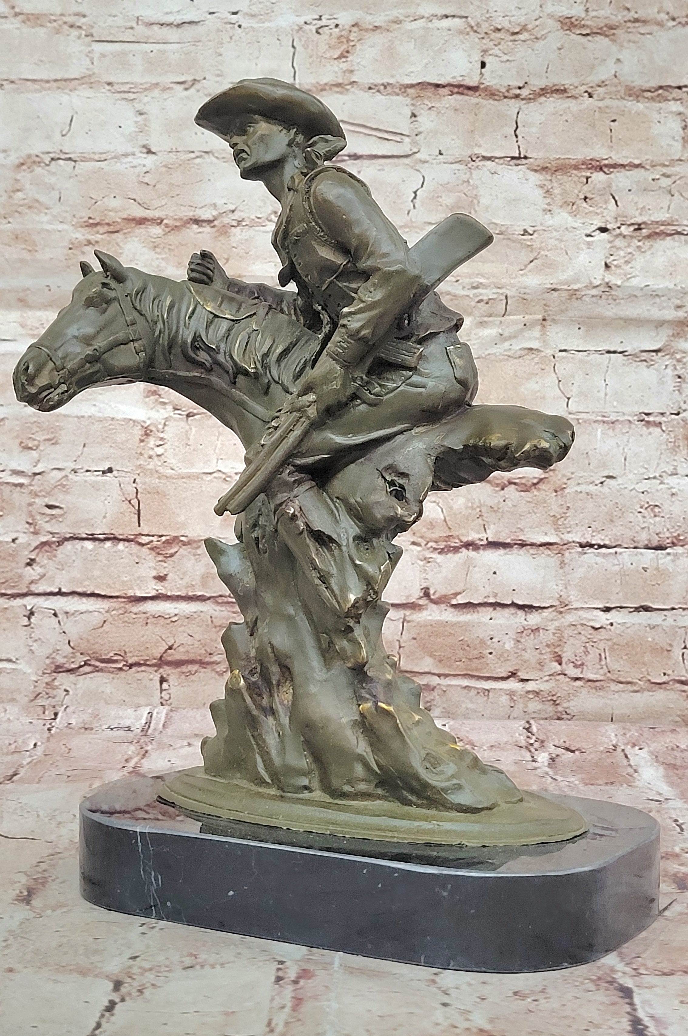 Bronze Cowboy Riding Horse with Gun Statue Sculpture Classic Western Decor Figurine