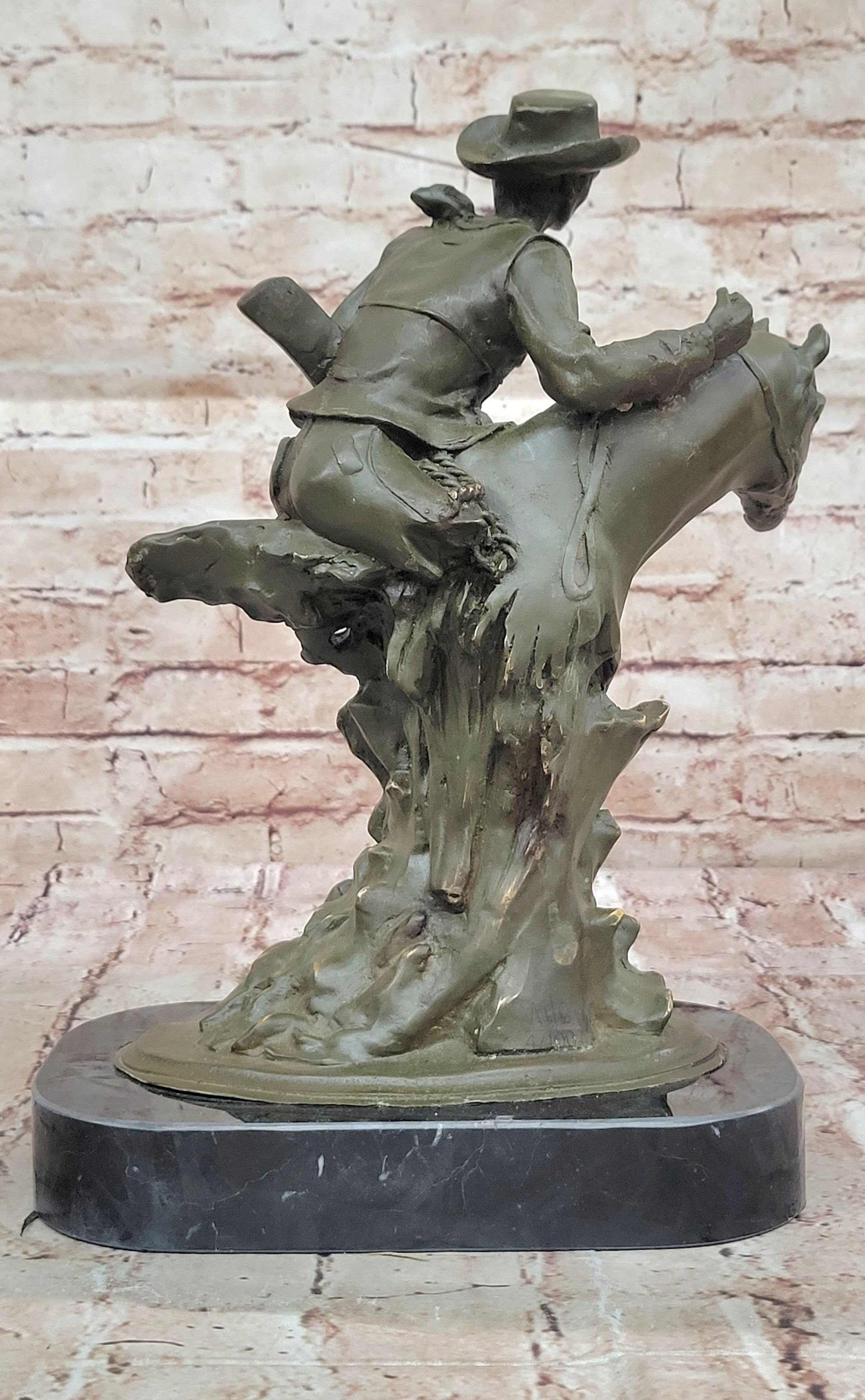 Bronze Cowboy Riding Horse with Gun Statue Sculpture Classic Western Decor Figurine