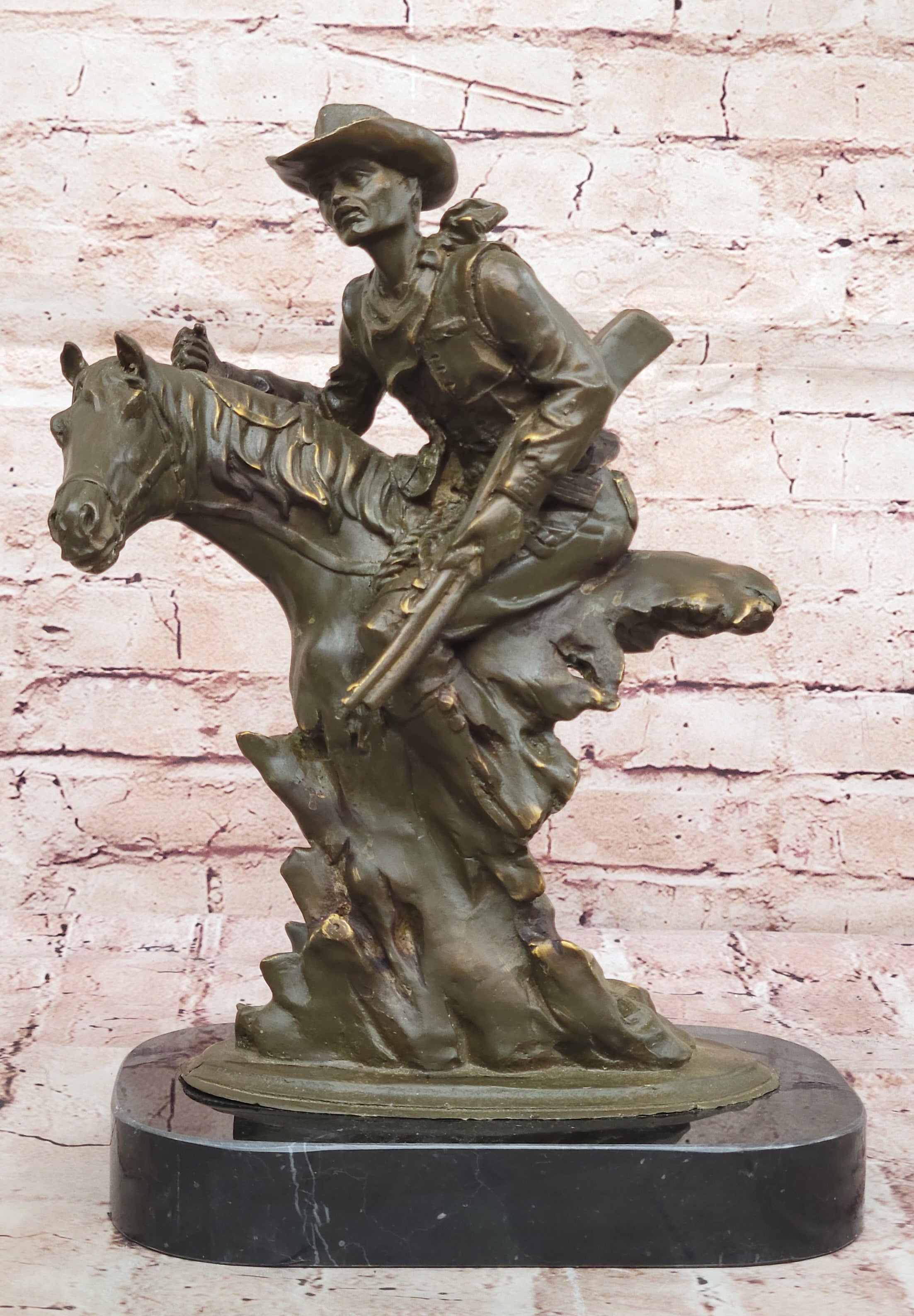 Bronze Cowboy Riding Horse with Gun Statue Sculpture Classic Western Decor Figurine