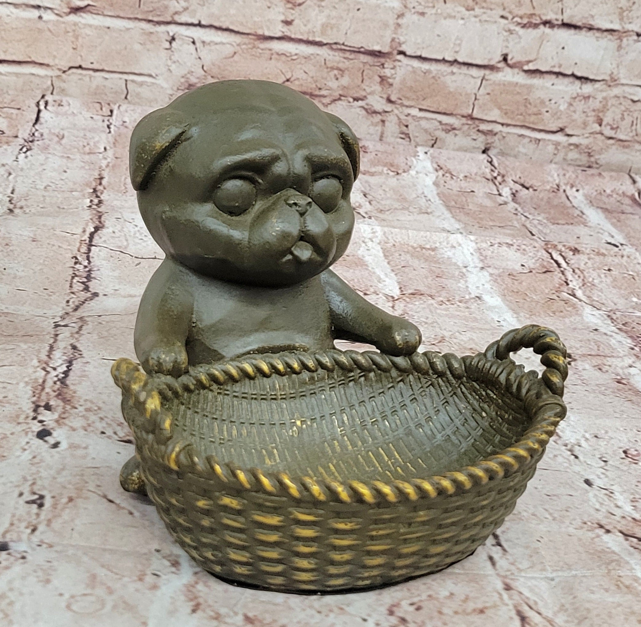 Cute Puppy Bronze Sculpture by M. Lopez – Signed Dog Figurine, Tray or Card Holder
