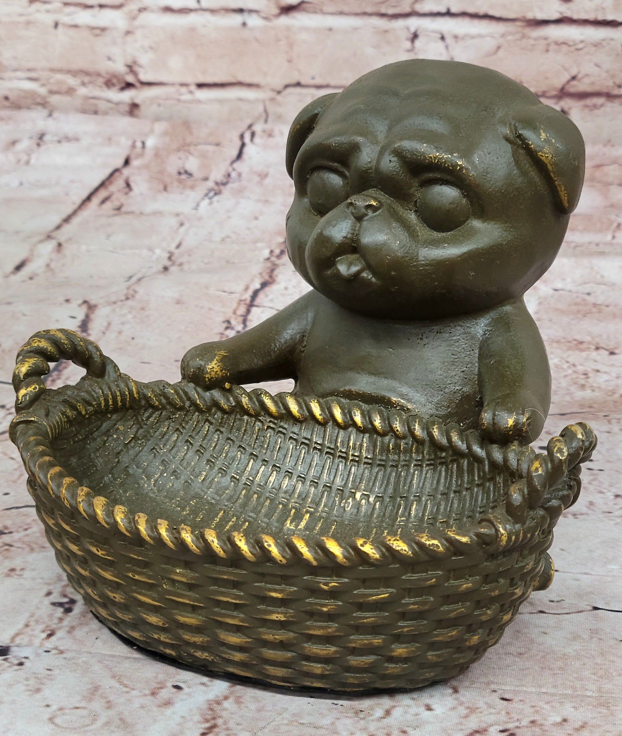 Cute Puppy Bronze Sculpture by M. Lopez – Signed Dog Figurine, Tray or Card Holder