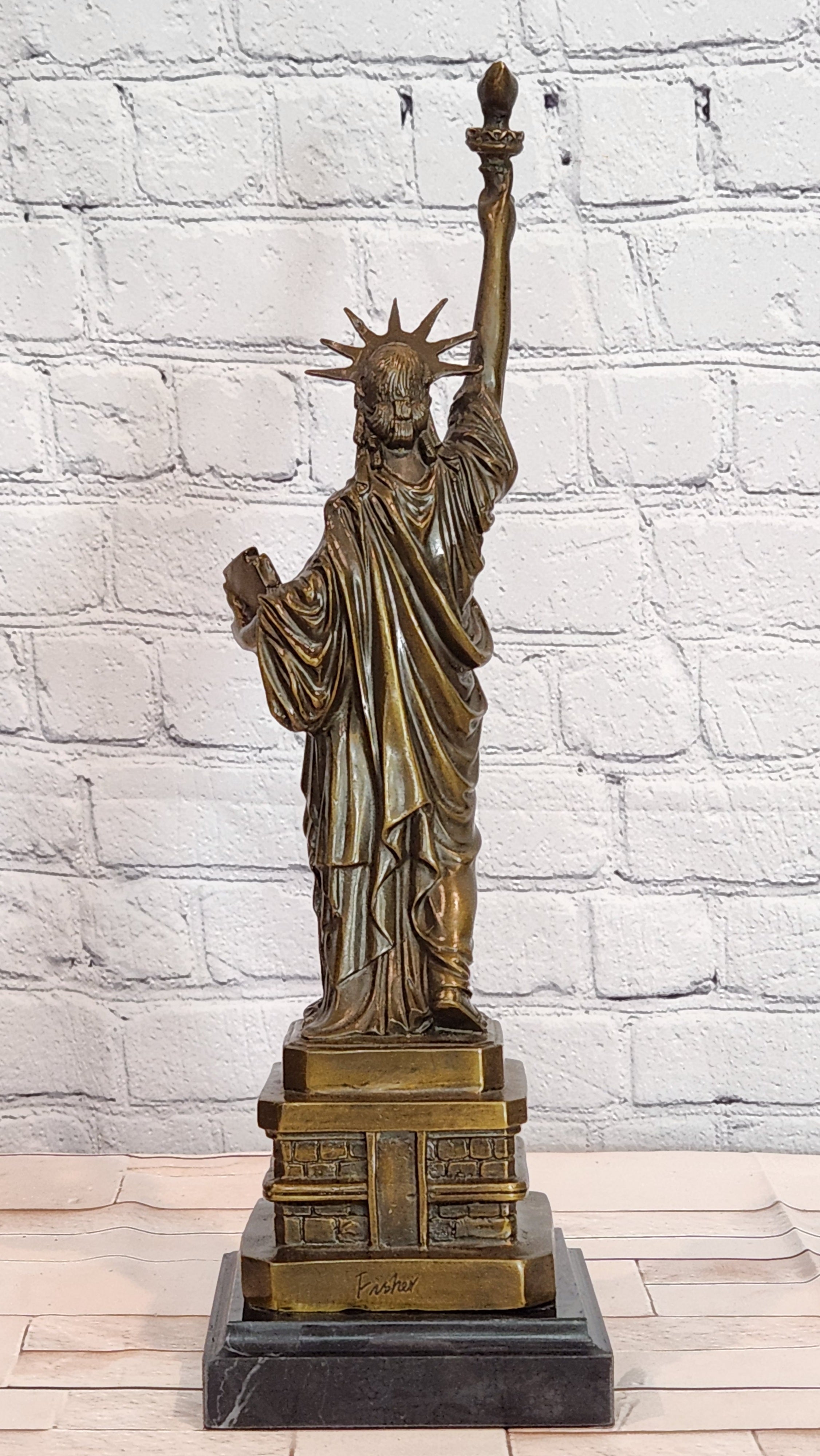 Bronze Statue of Liberty Sculpture Signed Fisher Fine Art Home Office Decor