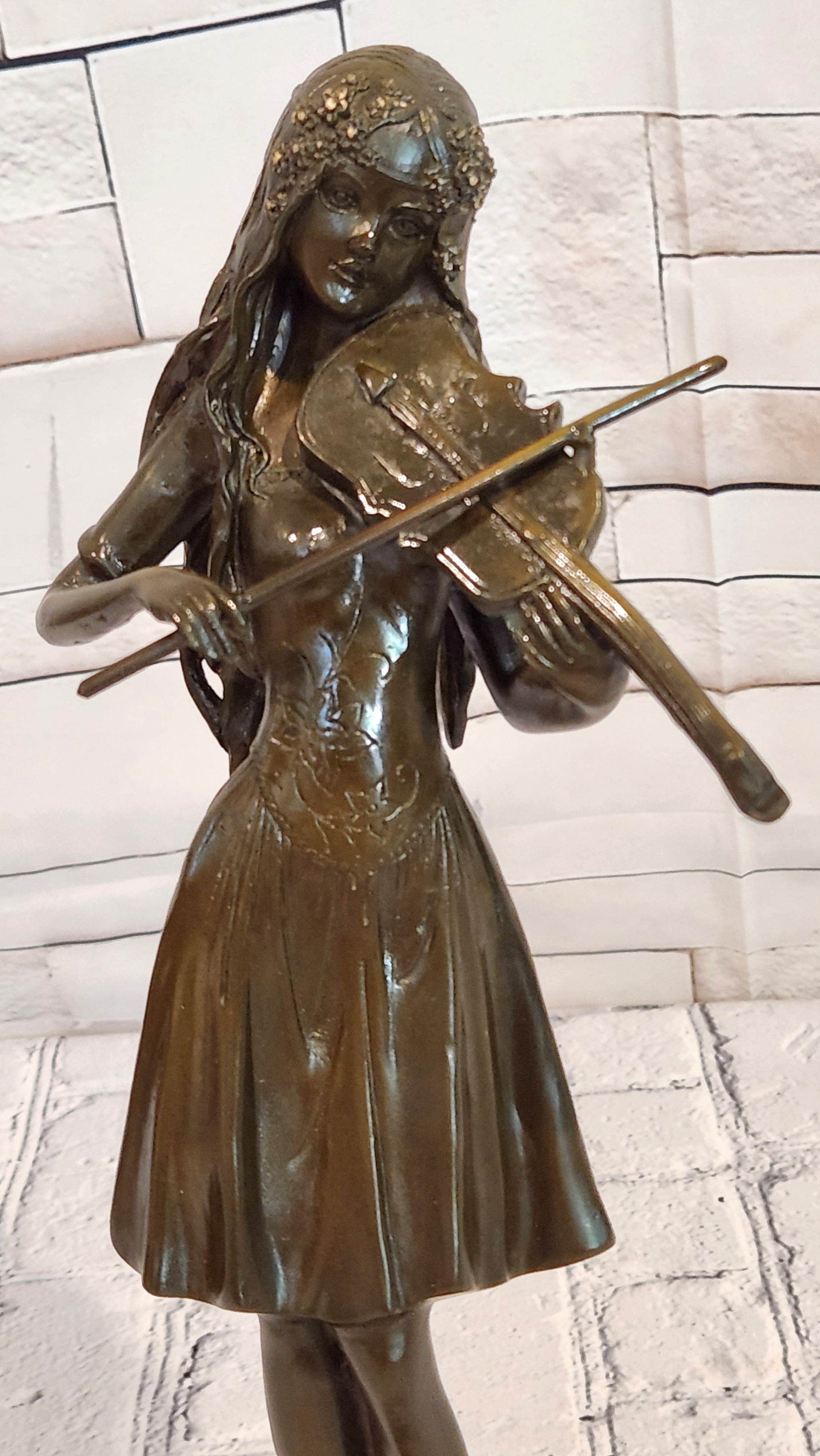 French Style Bronze Violin Player Lady Sculpture Hot Cast Figurine Decor
