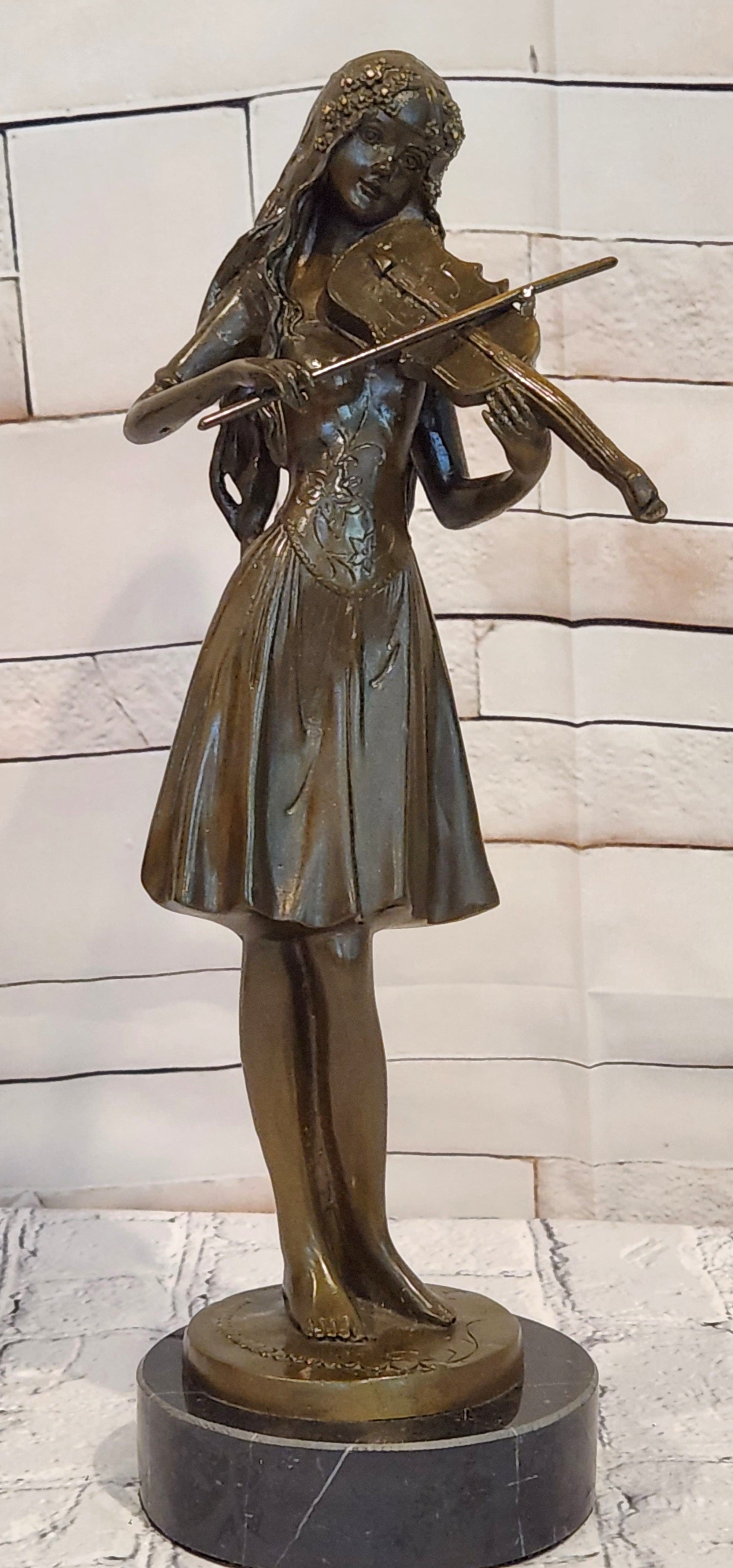 French Style Bronze Violin Player Lady Sculpture Hot Cast Figurine Decor