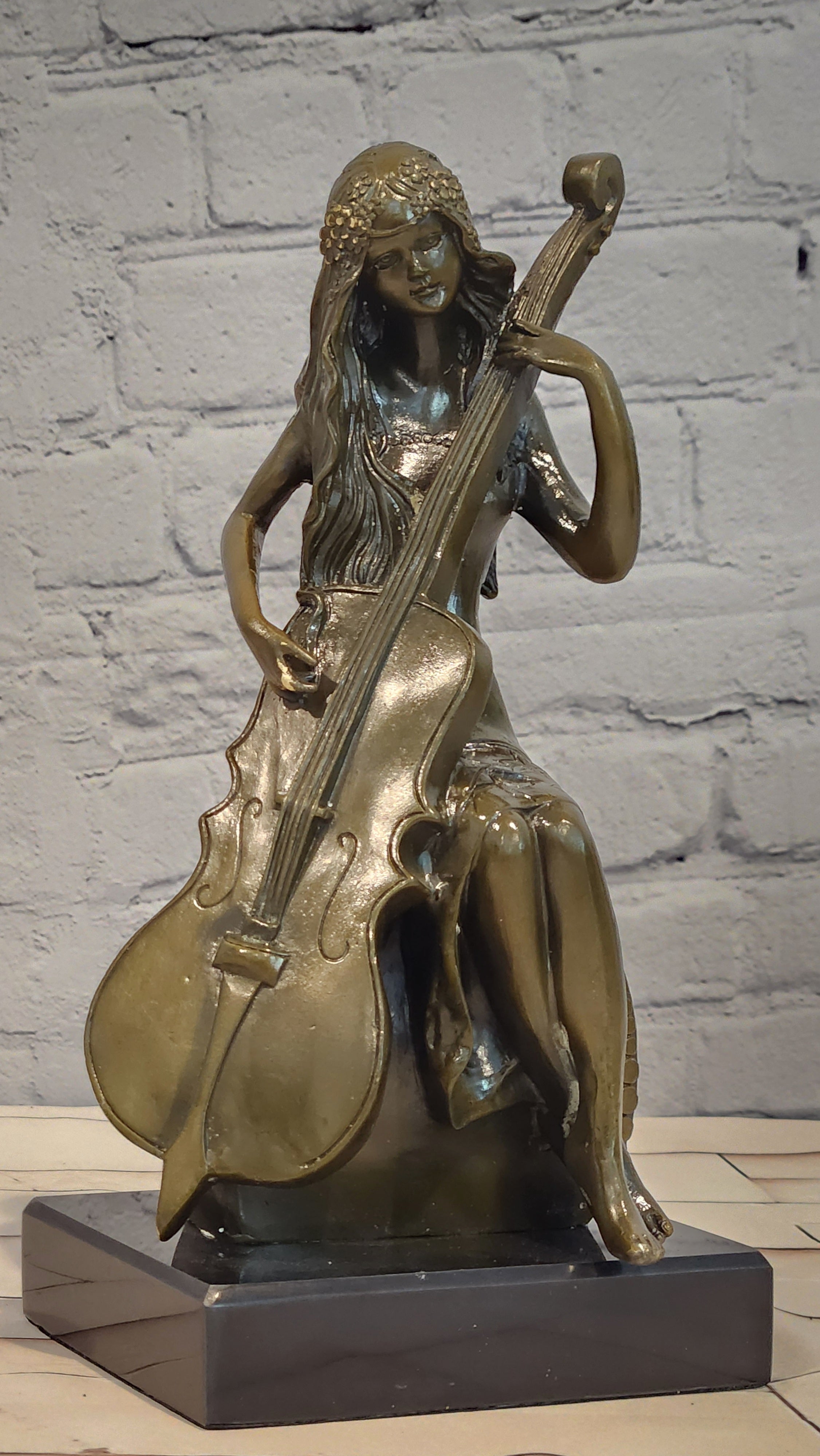 Bronze Female Musician Sculpture Lady Playing Cello Vintage Art Statue
