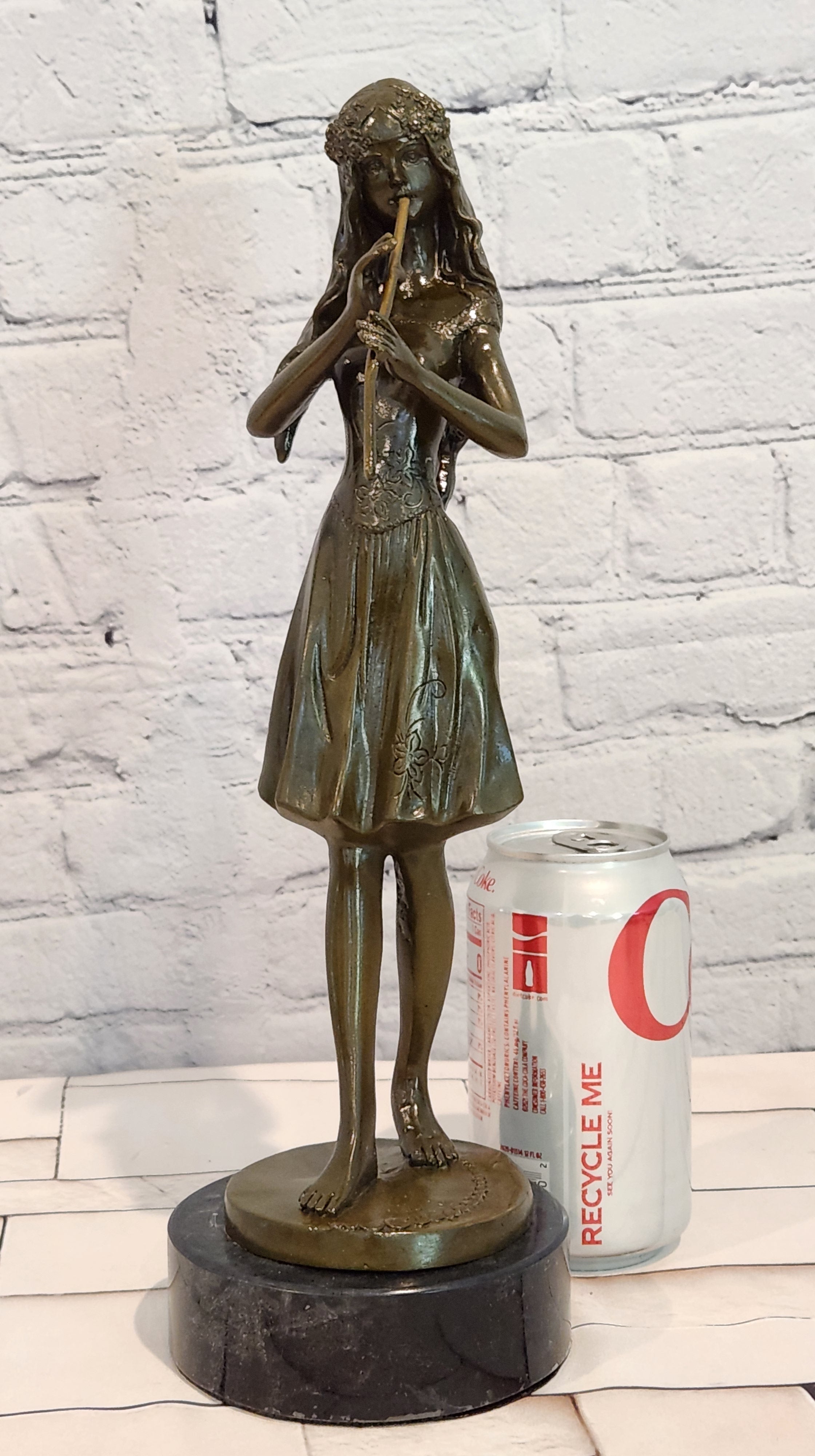 Bronze Girl Playing Flute Sculpture Signed J. Patoue Fine Artwork Collectible