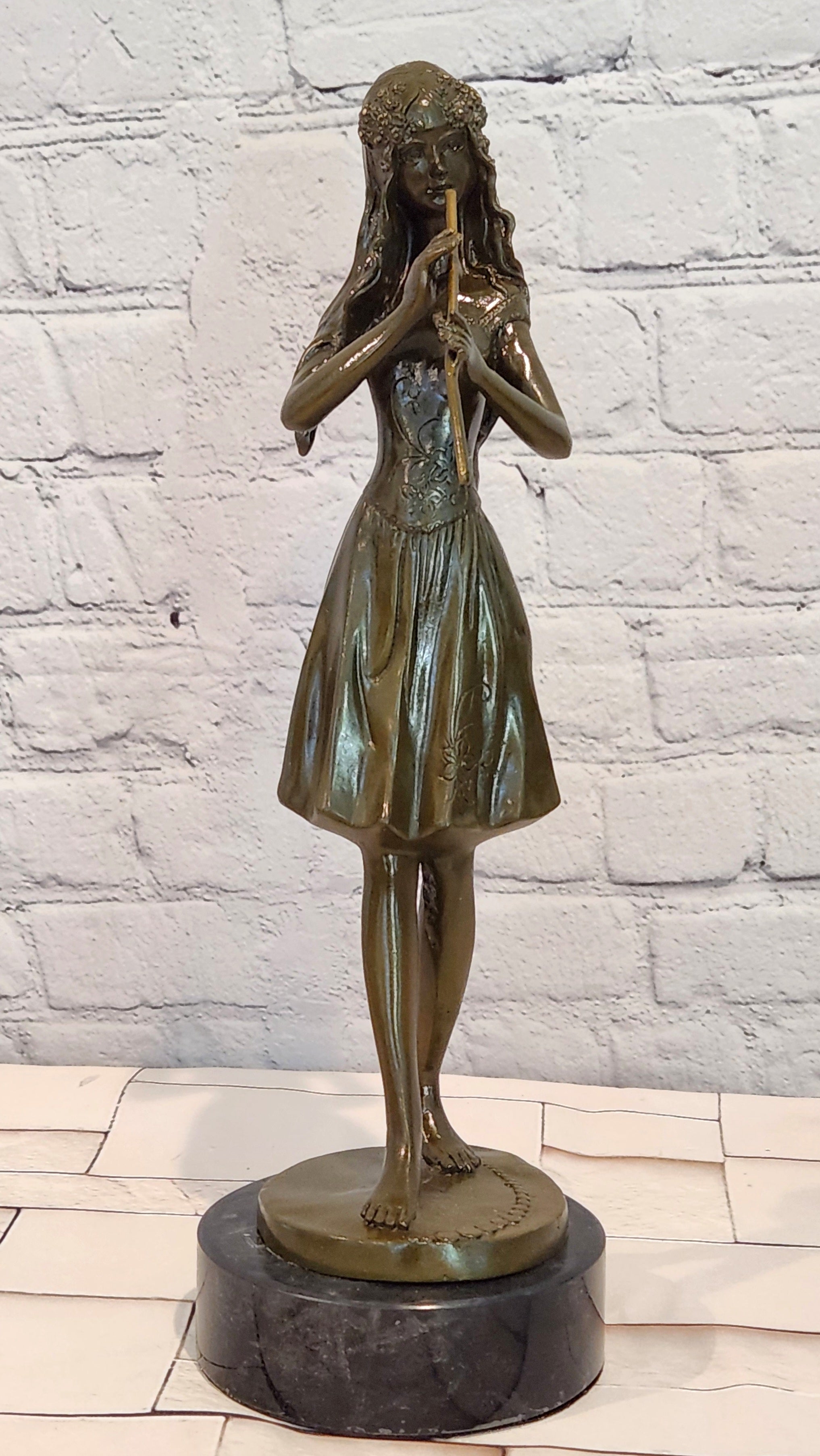 Bronze Girl Playing Flute Sculpture Signed J. Patoue Fine Artwork Collectible